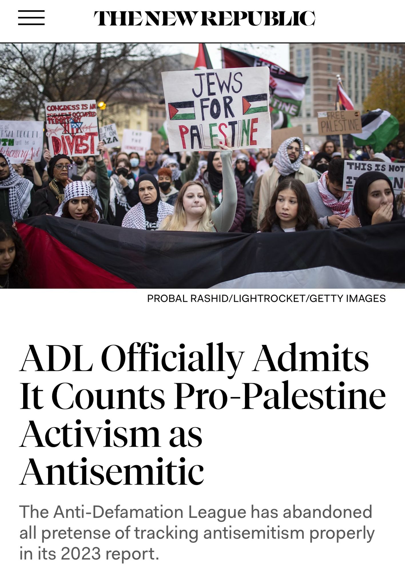 ADL Officially Admits It Counts Pro-Palestine
Activism as Antisemitic
The Anti-Defamation League has abandoned all pretense of tracking antisemitism properly in its 2023 report.