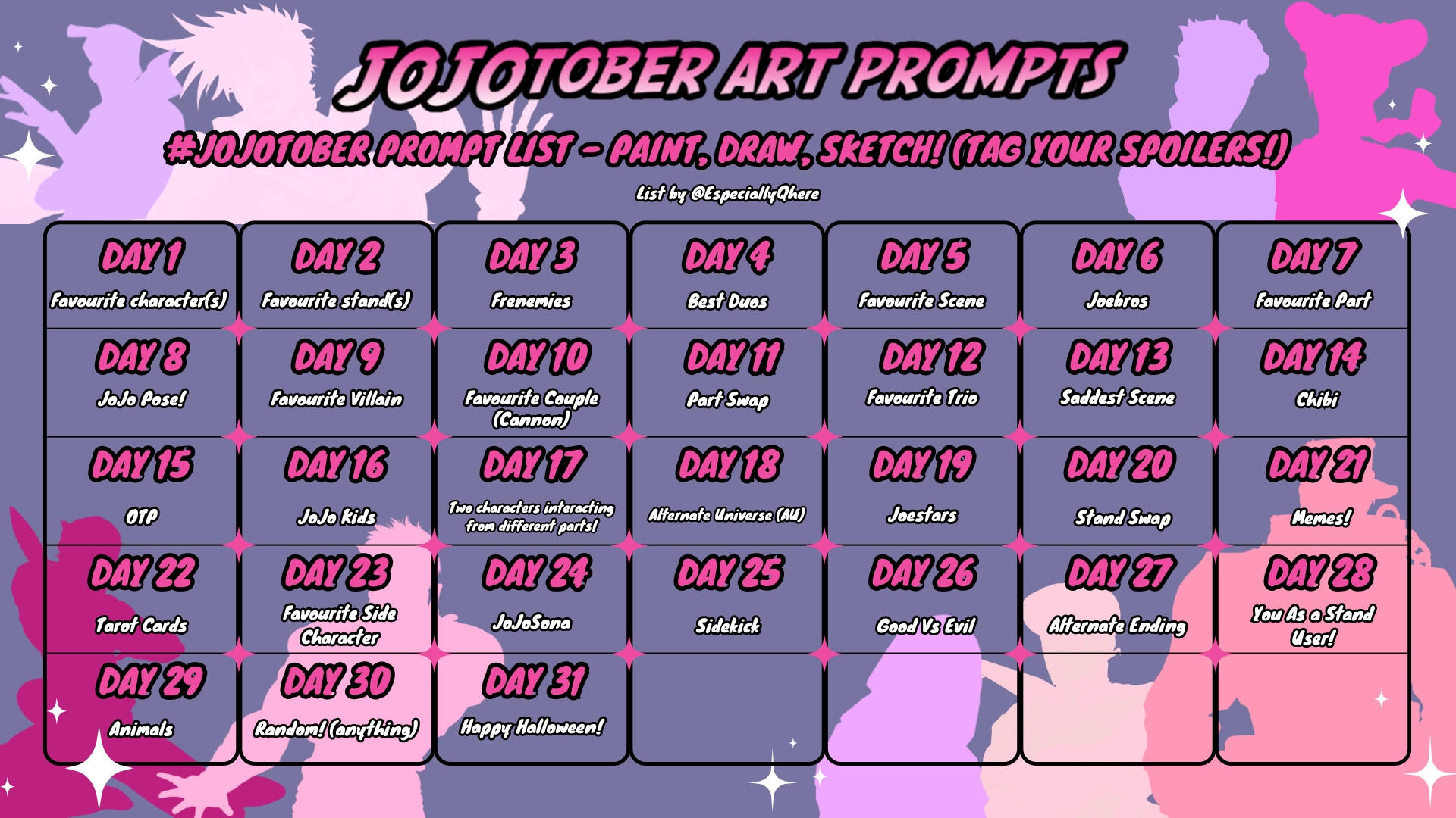 JoJo's Bizzare Adventure 'Jojotober 2024' prompt list - includes days with prompts that you can draw, sketch, create, write with! (NO AI allowed)