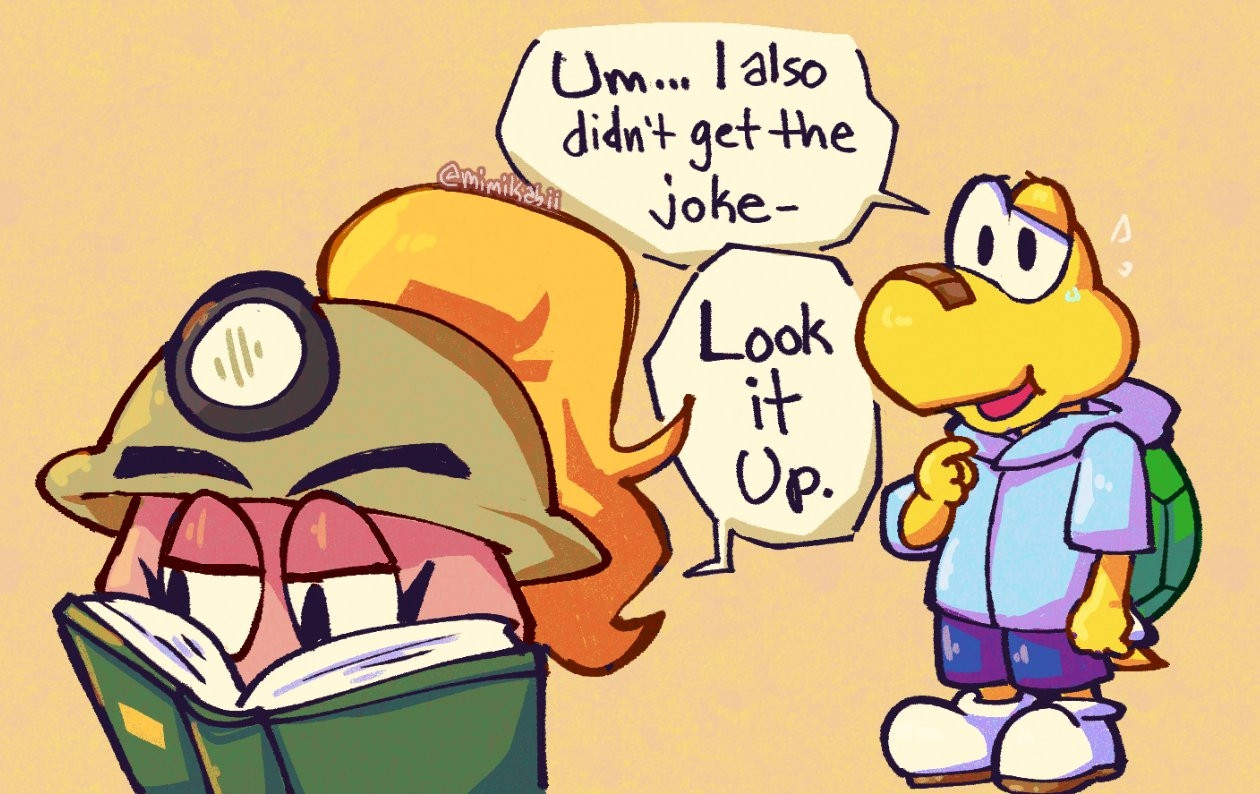 Koops, who has also heard the joke, says "Um... I also didn't get the joke-" with Goombella immediately interrupting him while reading her book with a quick "Look it up.".