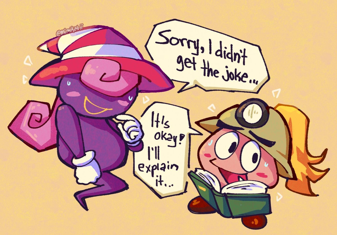 Goombella just told Vivian a joke. Vivian, looking a bit embarassed, replies "Sorry, I don't get the joke...". Looking somewhat sheepish and blushing, Goombella says "It's Okay! I'll explain later."