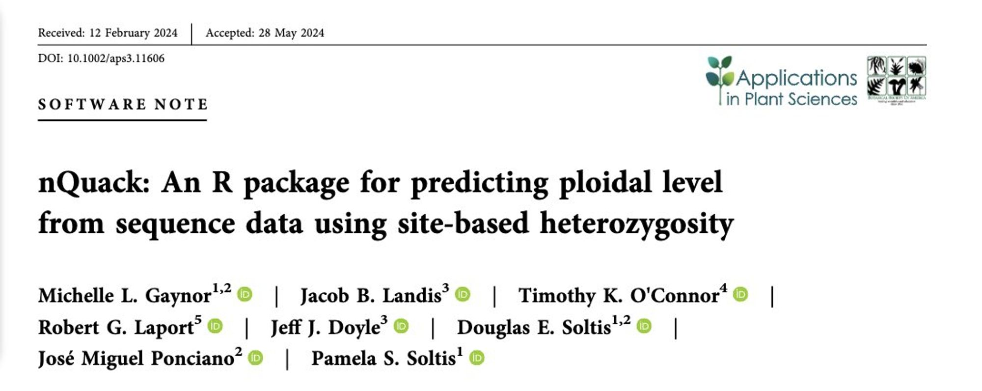 Screenshot of the title of the paper: "nQuack: An R package for predicting ploidal level from sequence data using site-based heterozygosity"