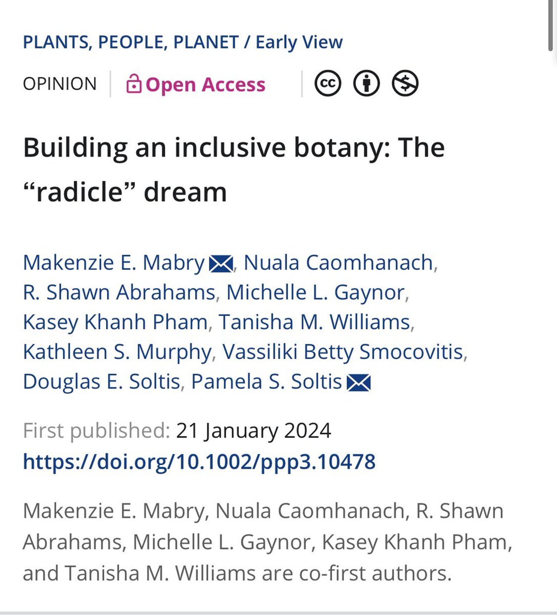 Title and author list for "Building an inclusive botany: The “radicle” dream"