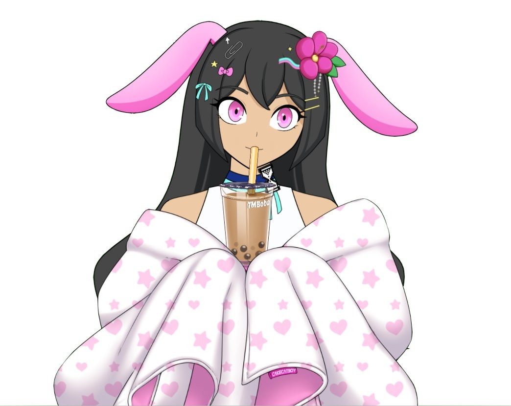 A picture of a black- haired human girl with pink bunny ears (me, Sunny Aero!) with a large blanked sipping some boba tea.