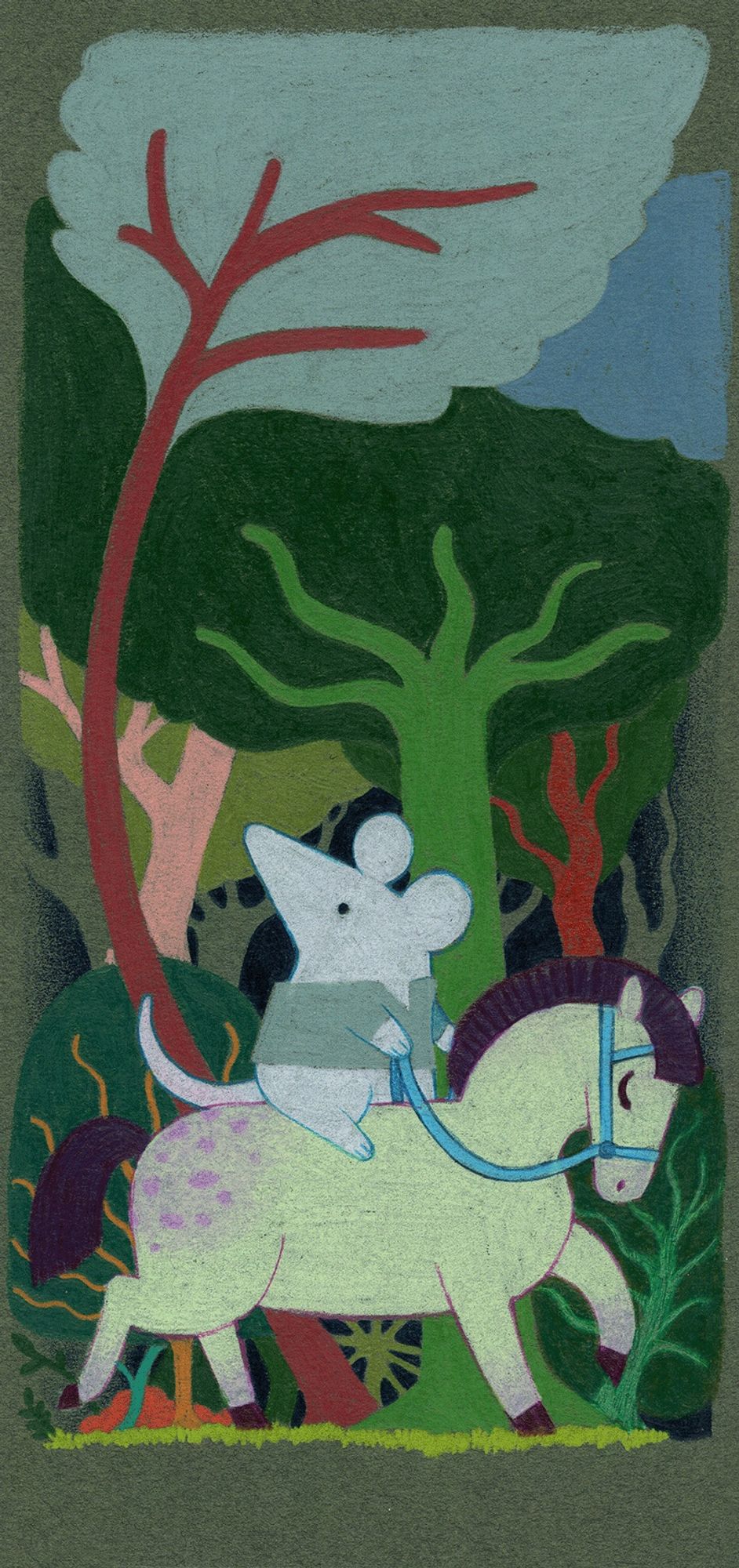 Colored pencil drawing of a minimalist white mouse riding a yellow horse bareback. The mouse is wearing a pale green shirt, and the horse has a blue bridle and purple Appaloosa spots on his booty area. The background is a forest of greens and reddish browns. The paper color itself is a mid-tone greyish green color.