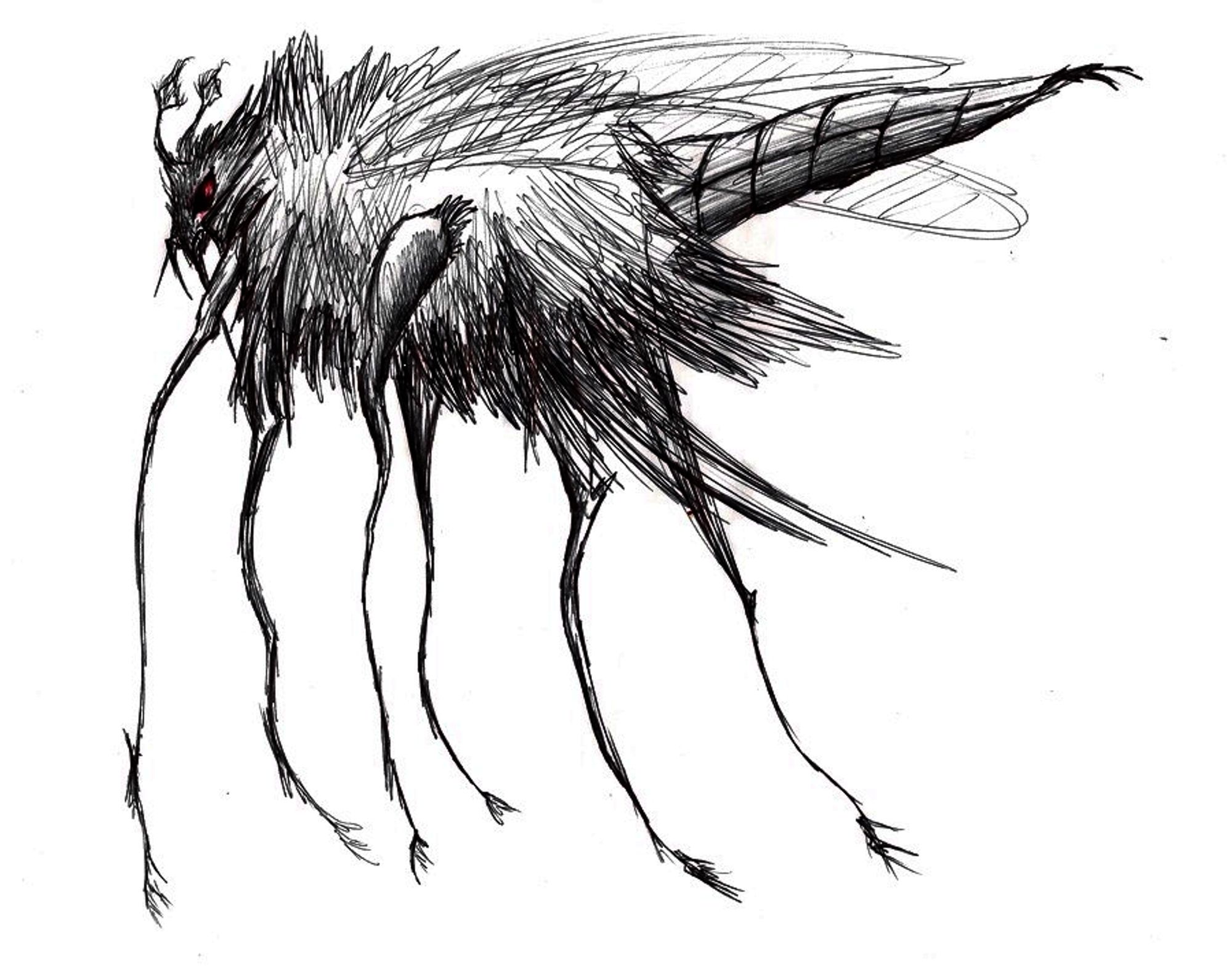 Ball point pen drawing of a bug-like creature with red glowing eyes, floating