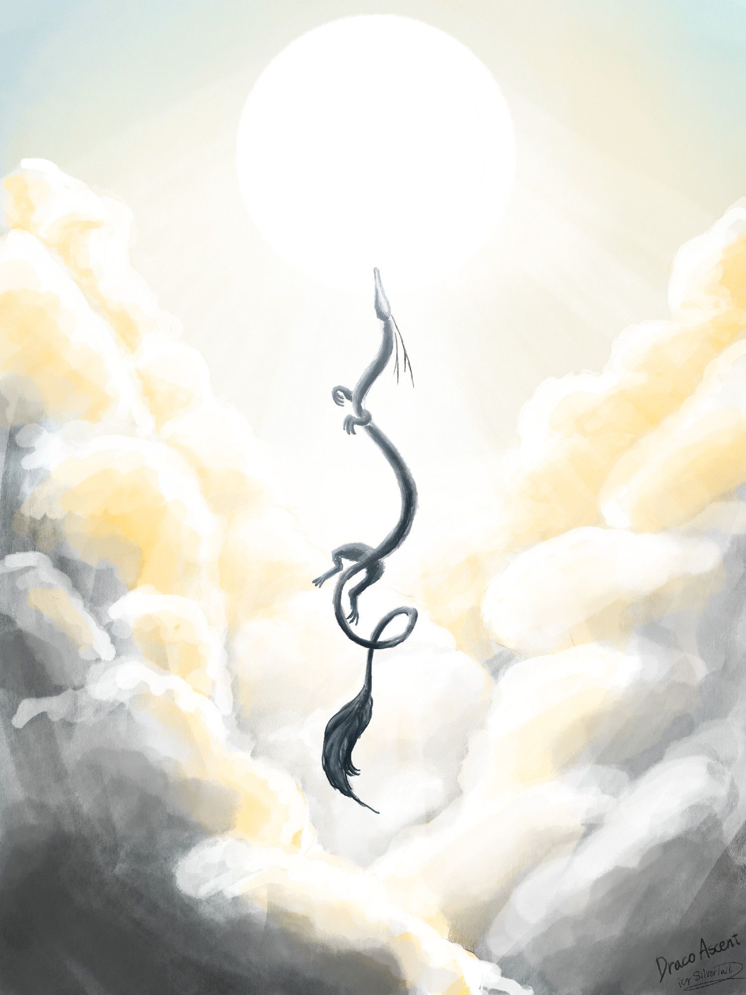 Digital painting of a dragon flying upwards towards the sun, surrounded by clouds