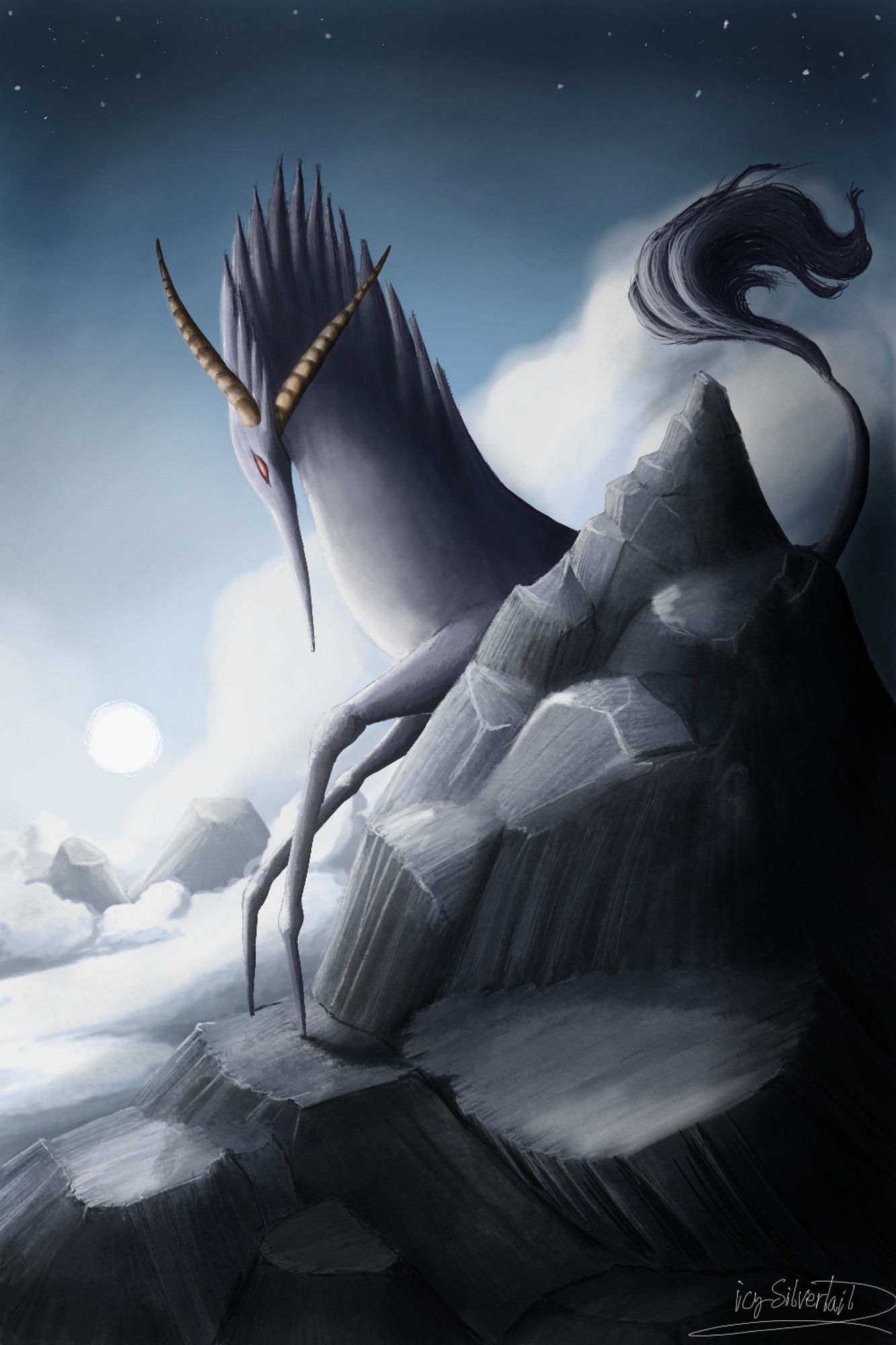 Digital drawing of a blueish purple horse-like creature with long horns, spiky feet, spiky horsehair pointing upwards and rede eyes climbing a grey-blue mountain. In the background two more mountains are visible above the clouds. In the sky, the white sun shines and clouds rise on the right of the painting. The blue sky becomes darker at the top of the painting, where some stars became visible