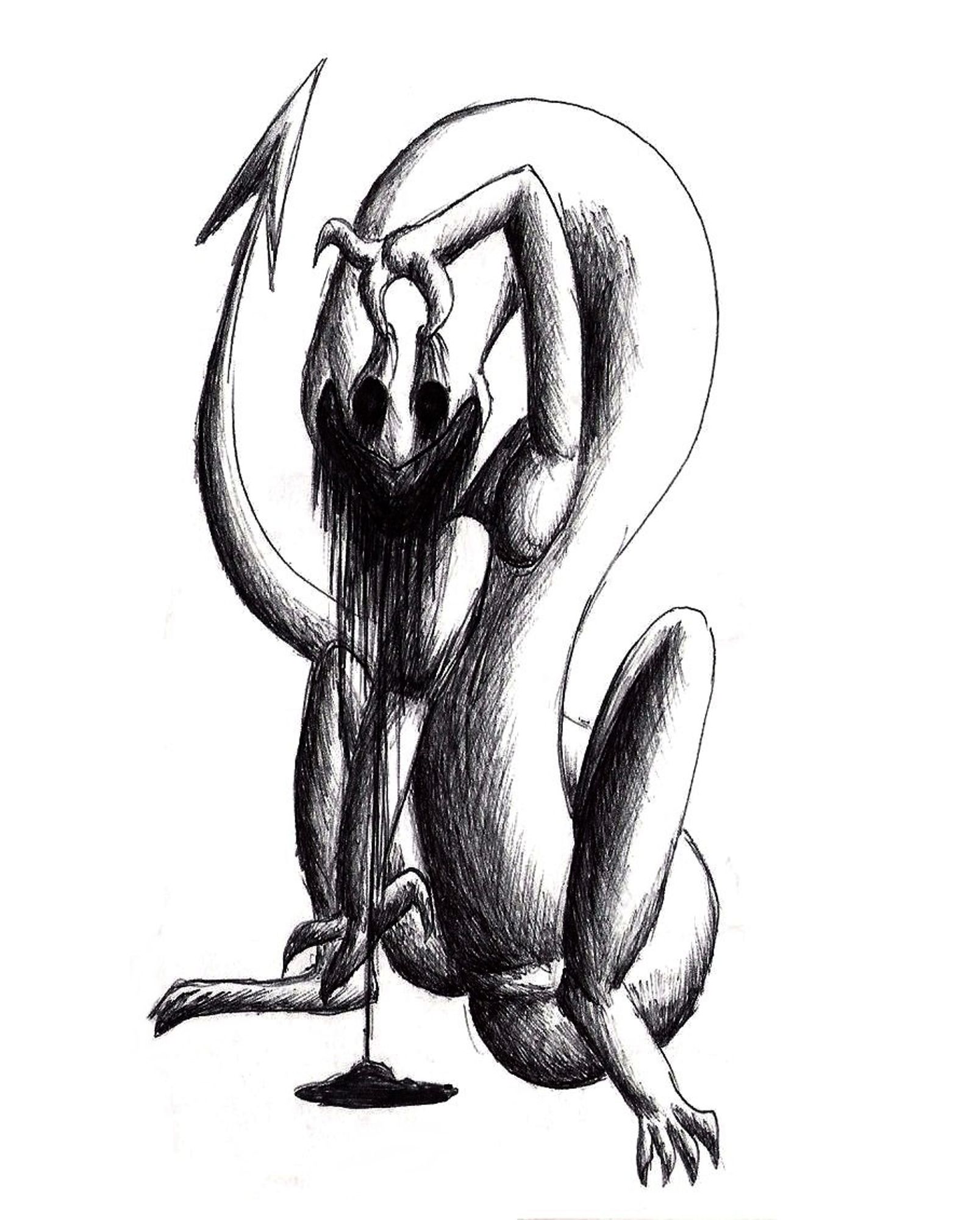 A ball point pen drawing of a lizard-like monster with empty eye sockets and a black liquid dripping out of its eye sockets and mainly out of its mouth. The monster is pulling his eyelids up with its left hand.