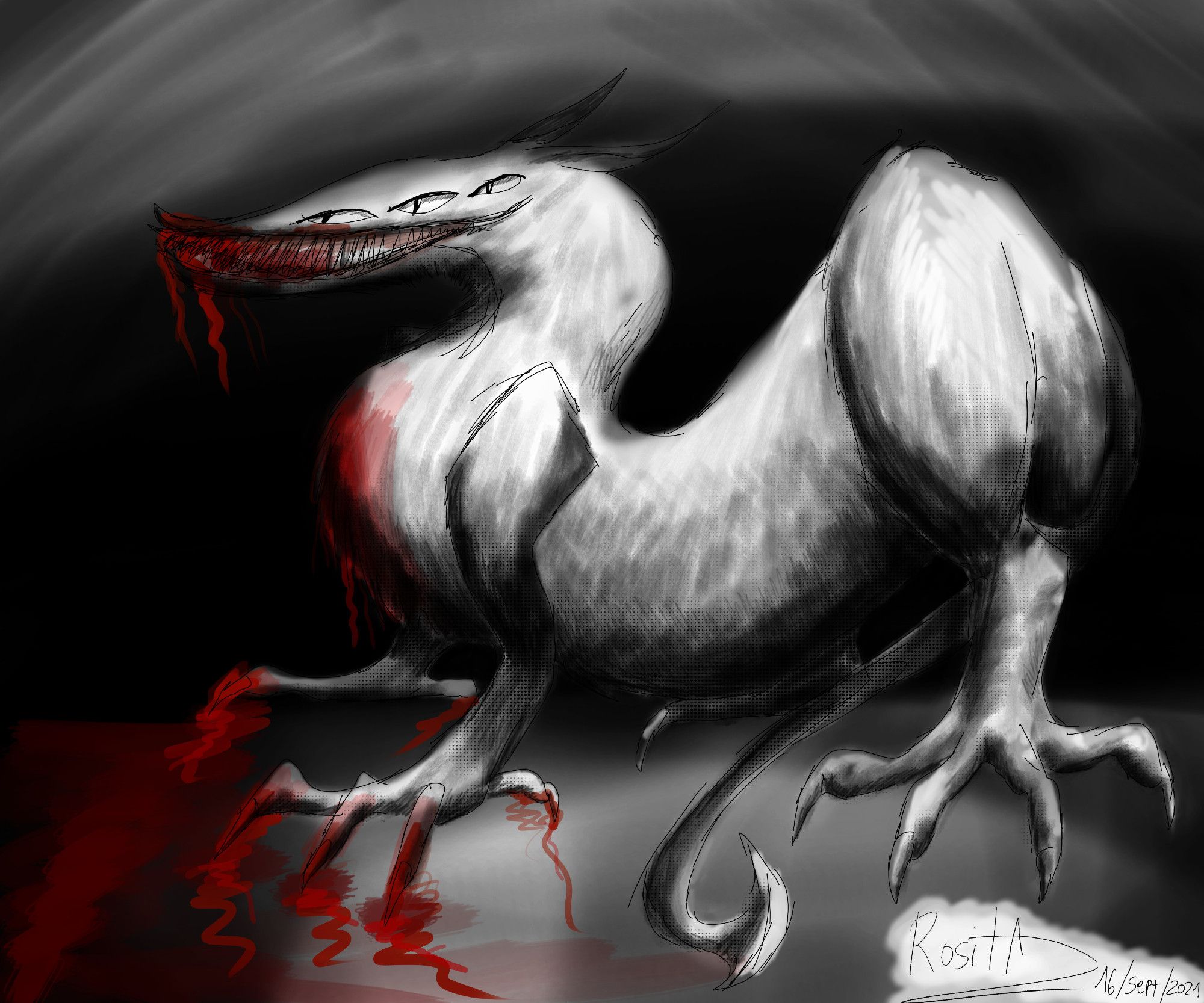 Digital drawing of a four legged monster with sharp claws, sharp fangs, and tree eyes seen on the side of his head. It has blood in it's front legs and in it's mouth