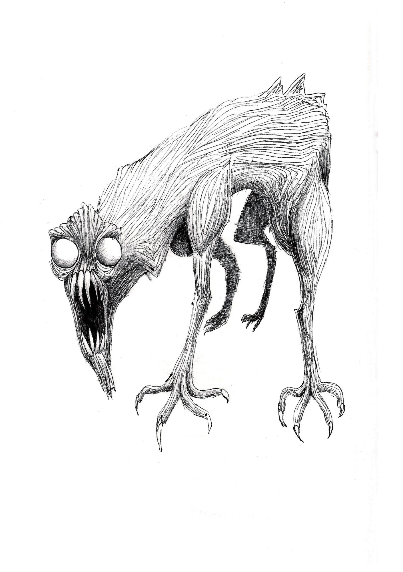 Ball point pen drawing of a horrific creature that resembles a skinwalker, with it's skin being wrinkled, having white big eyes and sharp big fangs