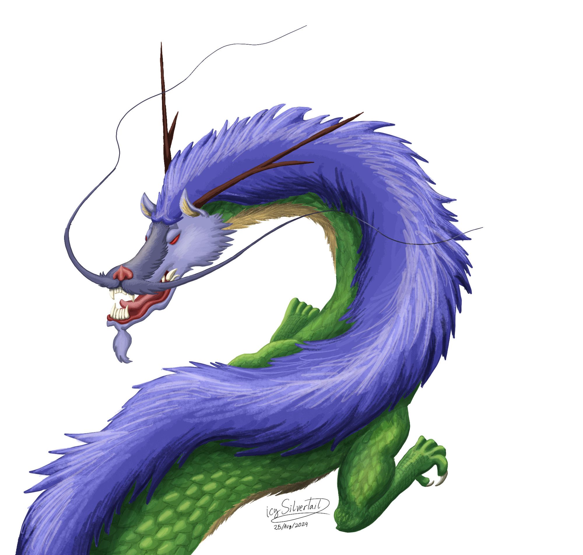 Long dragon with green body with scales, light-purple fluffy face, red eyes, with it's mouth open showing some sharp teeth, and a couple of long brown horns and a couple of long tendrils. The most prominent feature of this dragon is it's purple mane that extends across his entire back.