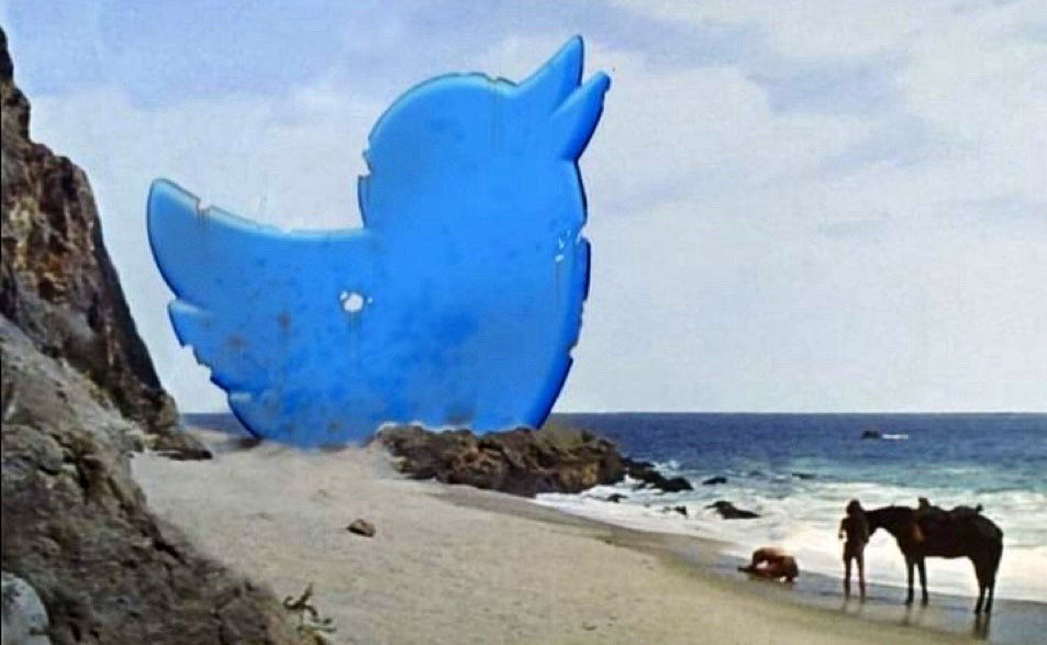 Photo depicting the Planet of the Apes movie’s final beach scene with a blue Twitter Bird symbol in place of the Statue of Liberty. “YOU BLEW IT UP! DAMN YOU! GOD DAMN YOU ALL TO HELL!” — Taylor (Charlton Heston)