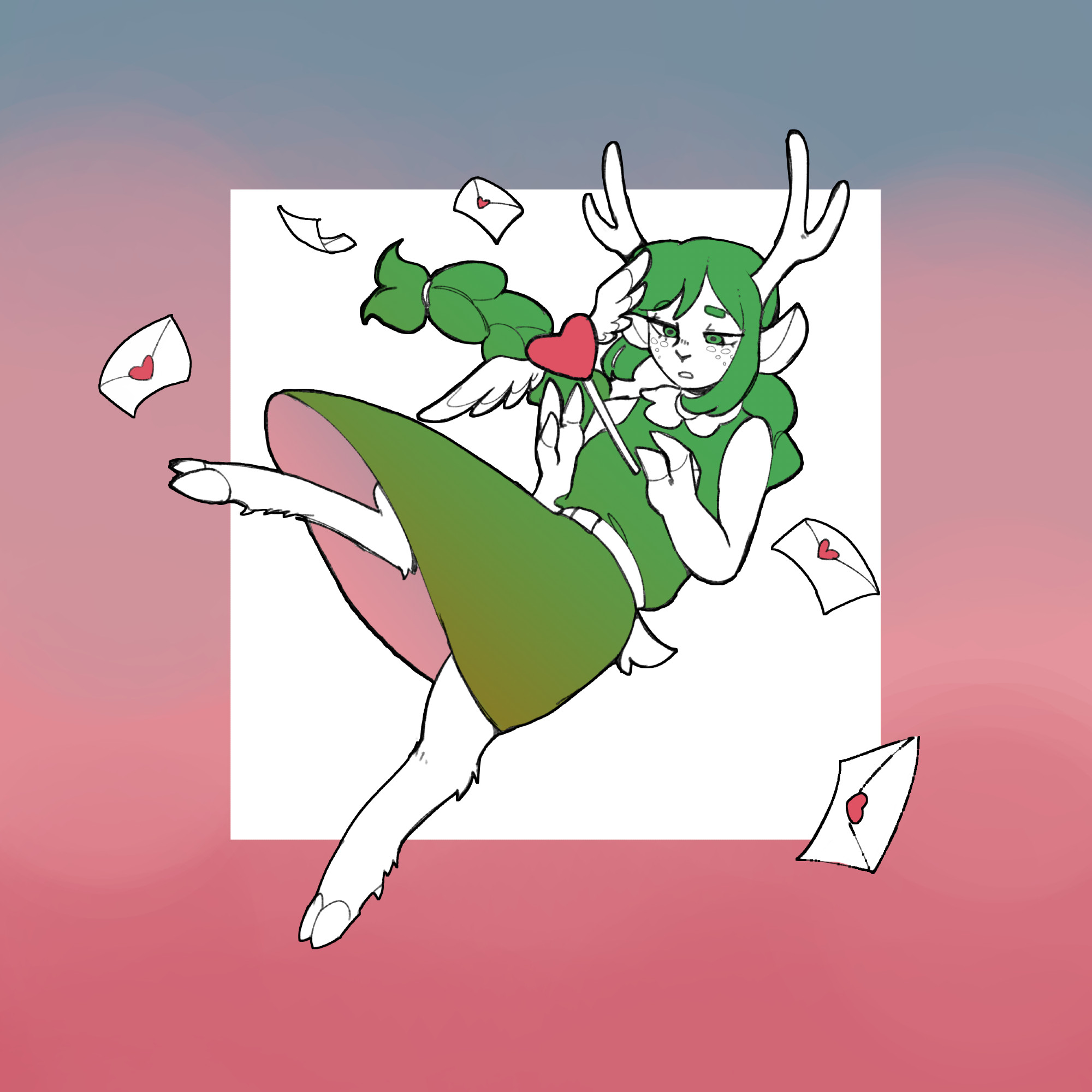 Artwork of Eudiel's original character Vestis. A fawn with deer legs, ears, antlers, and a tail. She is wearing a green dress and her chest is punctured by a cartoonish-looking cupid's arrow as love letters float around her.