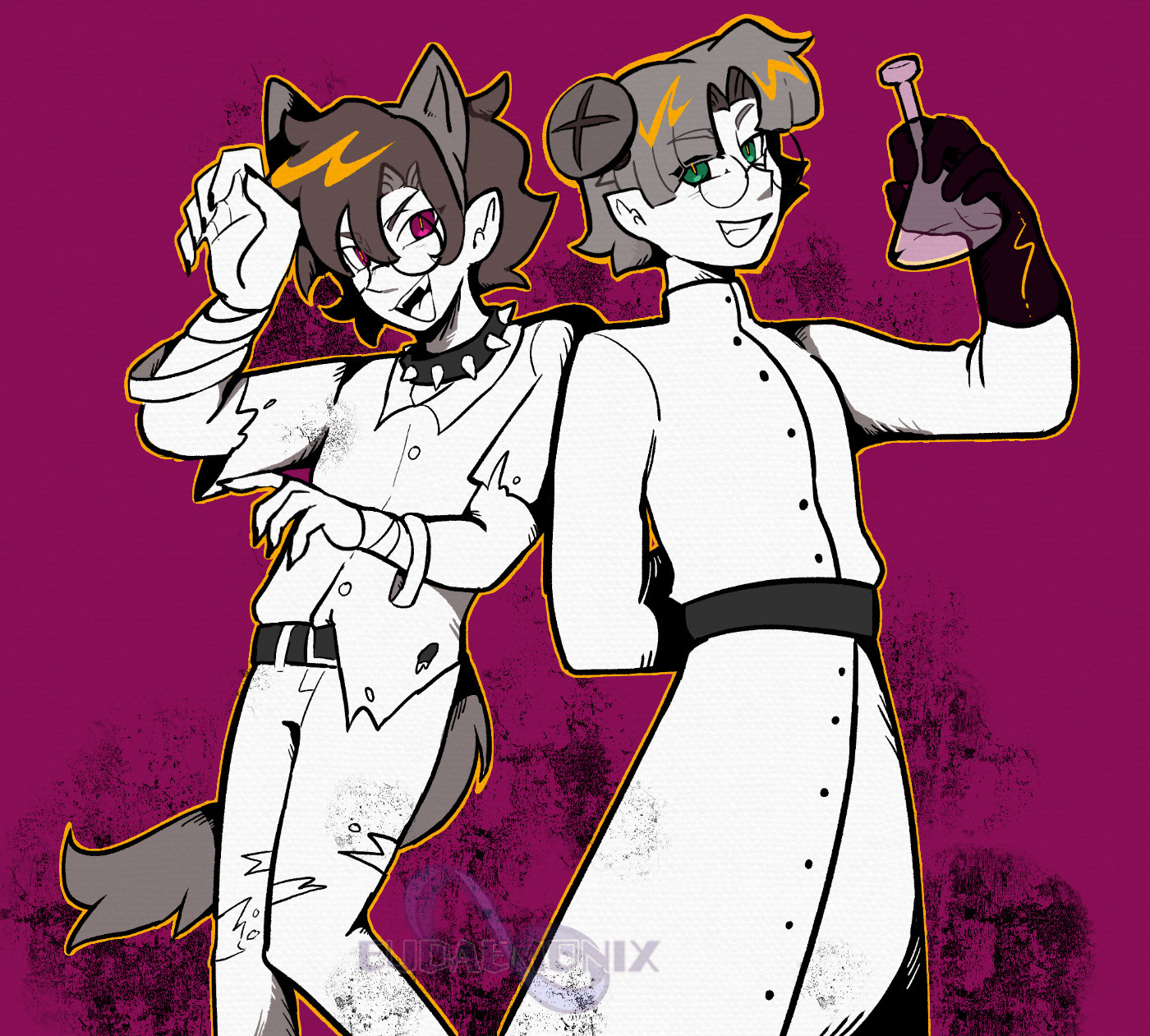 Halloween themed artwork of Klug and Strange Klug/Possessed Klug from Puyo Puyo standing against a pink background. Klug is dressed like a mad scientist while Strange Klug is dressed like a werewolf.