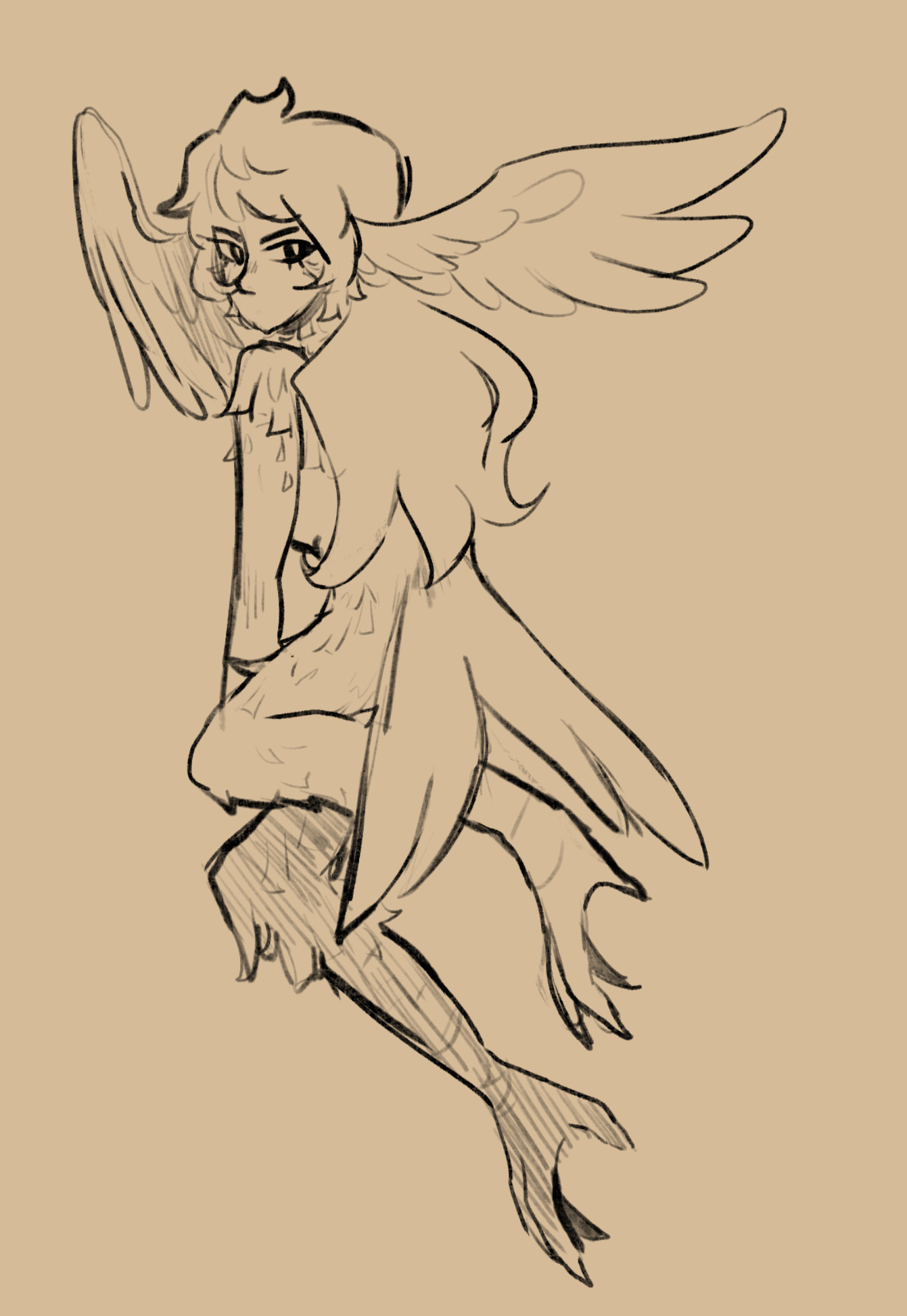 A sketch of Eudiel's original character Deneb. A fantasy creature with bird legs, a tailfeather, and wings in place of its ears. It is looking back to the viewer with its long hair obscuring the rest of its body.