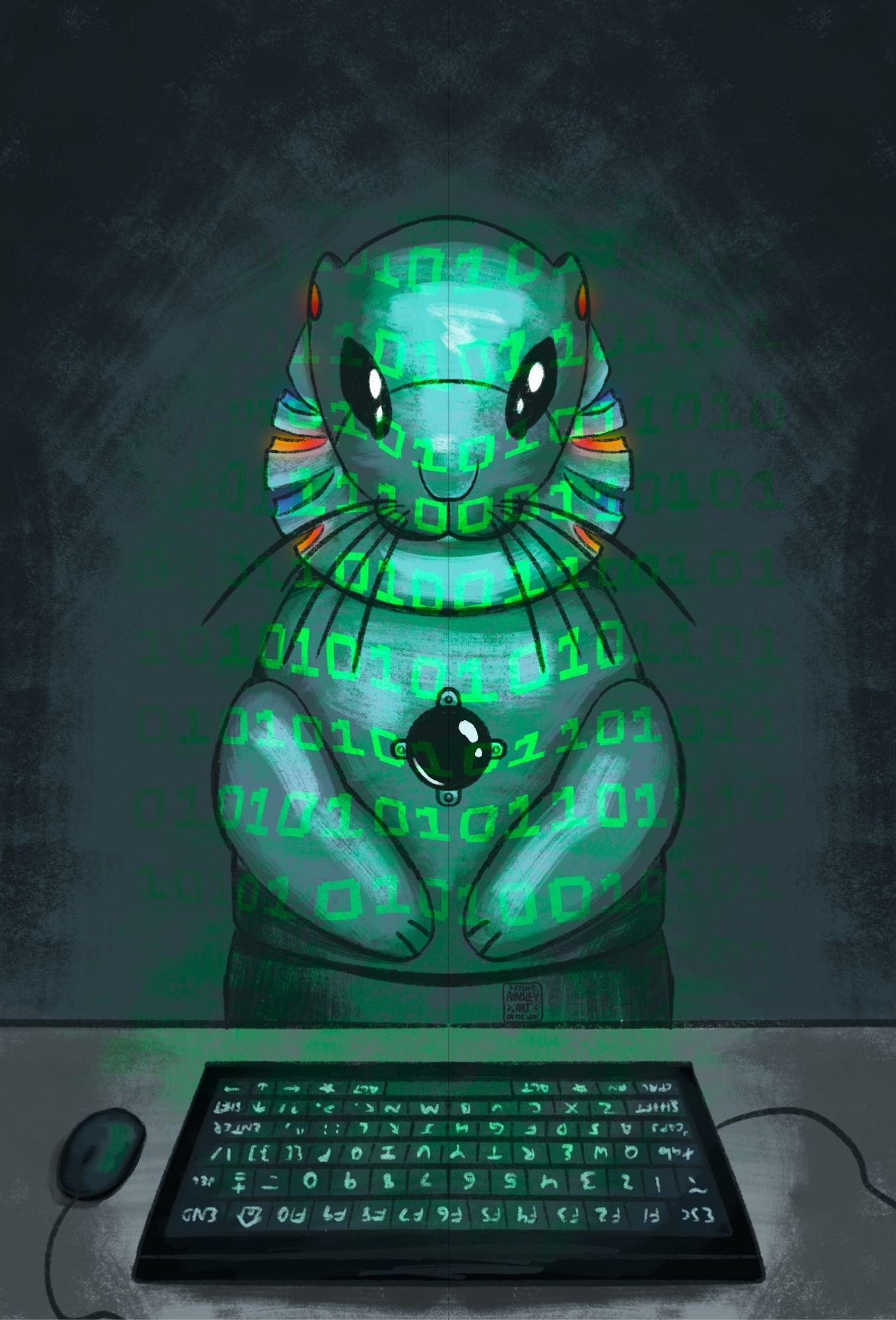 [ID: A white otter robot lit up by ones and zeroes from a computer screen. END ID]