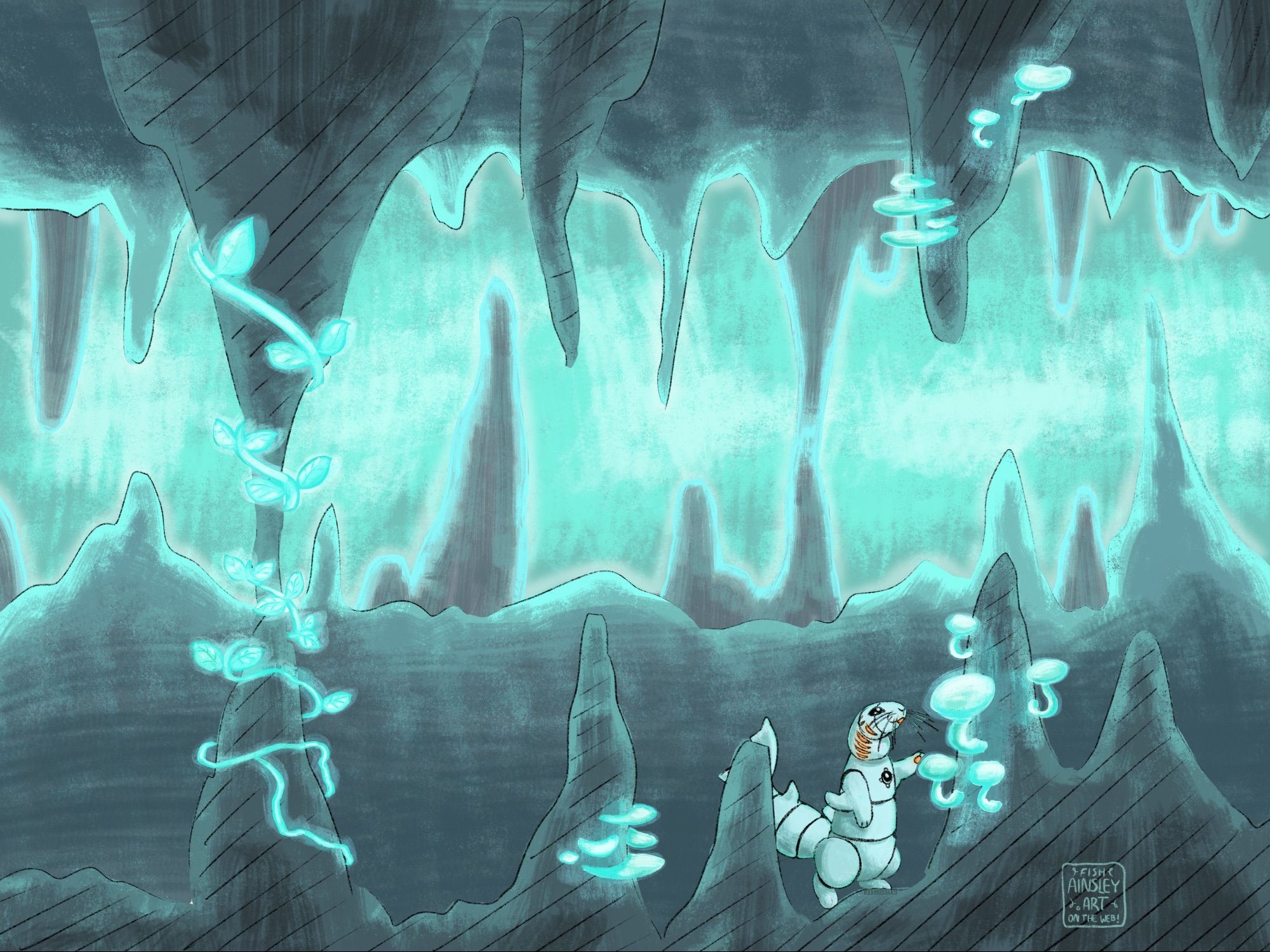 [ID: an otterlike robot creature with shark features is exploring a cave full of bioluminescent organisms. END ID]