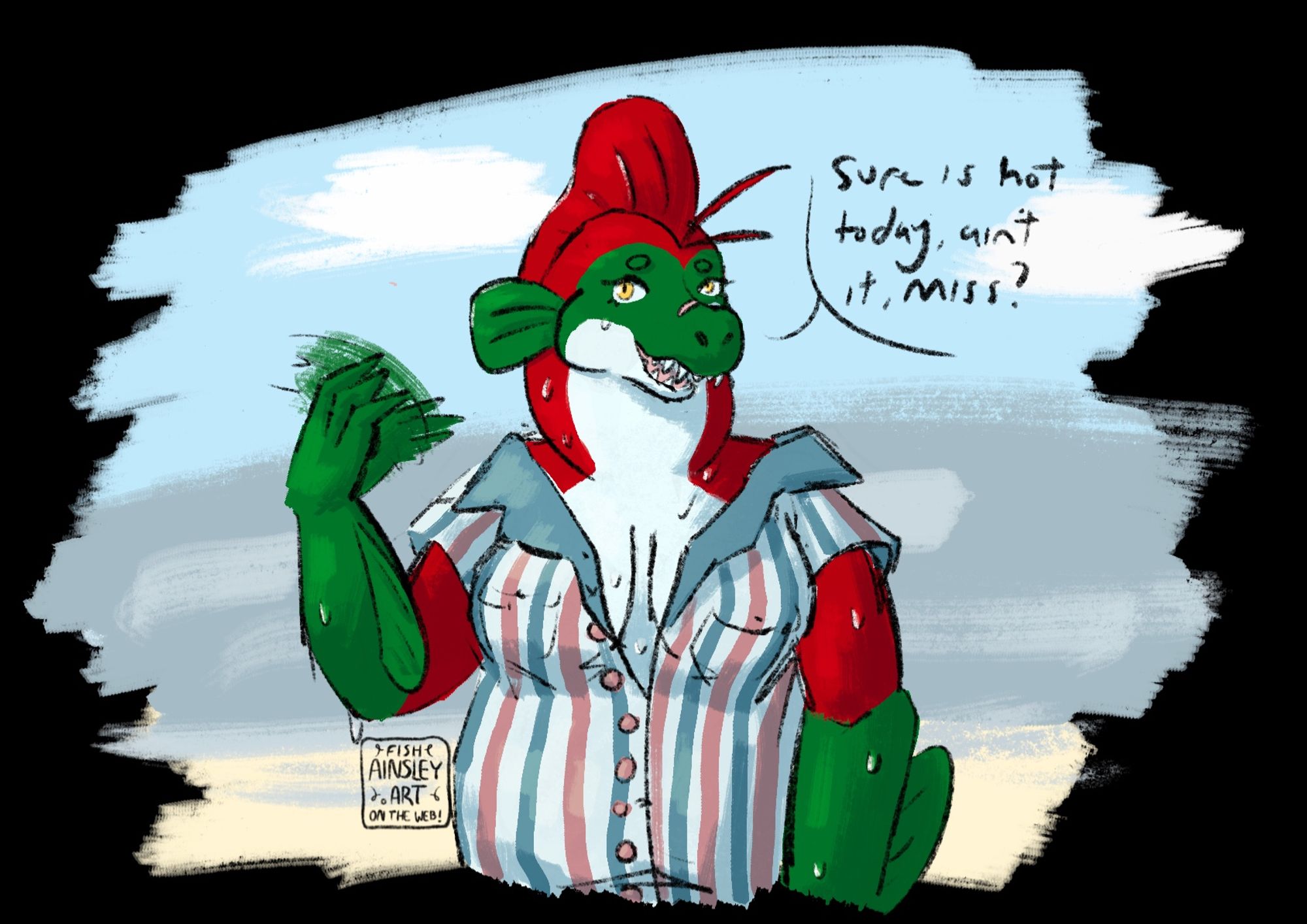 A drawing of an anthro sockeye salmon wearing a half-buttoned hawaiian shirt. she is sweaty and saying “Sure is hot today, ain’t it, miss?”