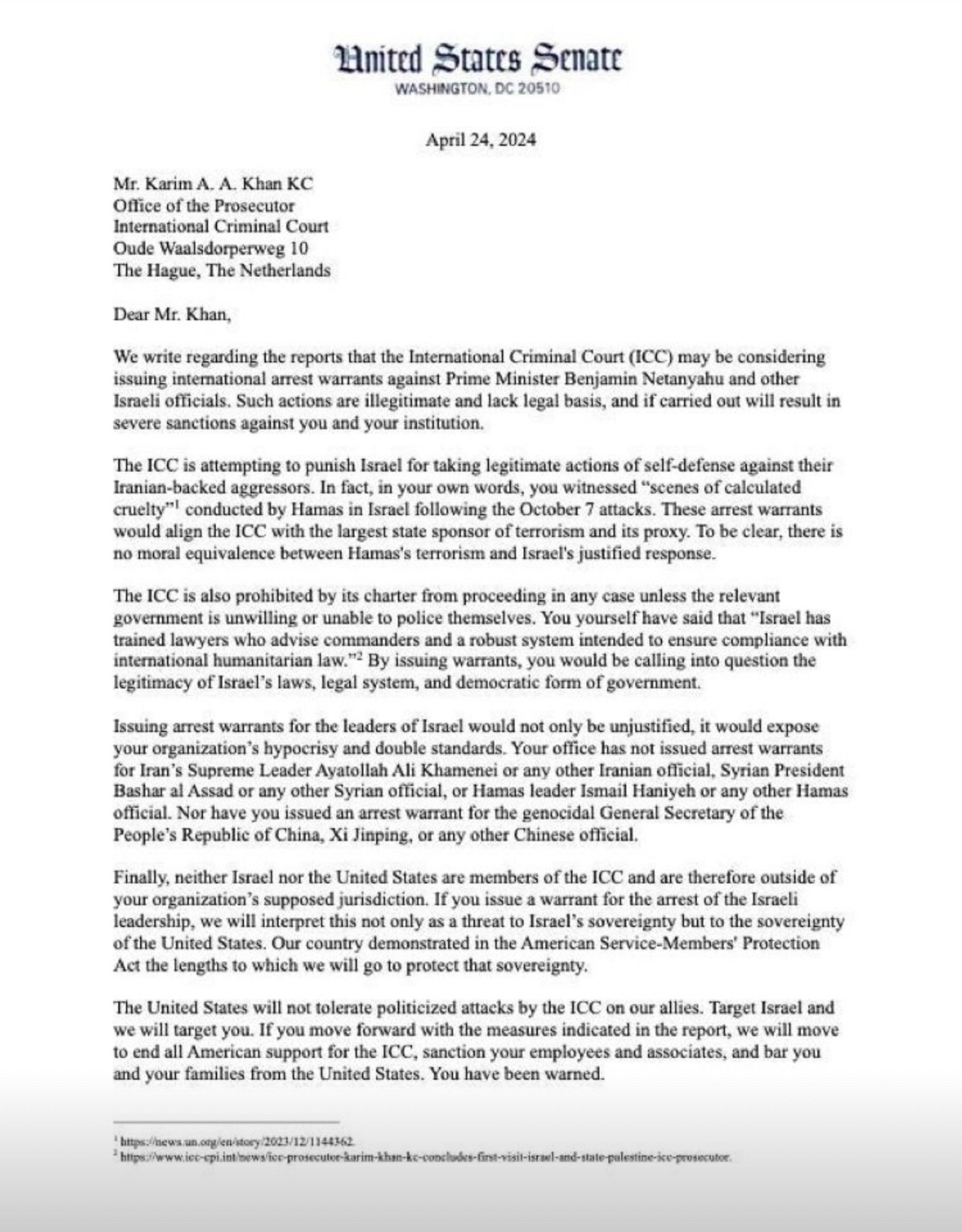 A screenshot of the letter sent by United States senators to ICC threatening to sanction it, its employees, and associates if Israhell is “targeted”.