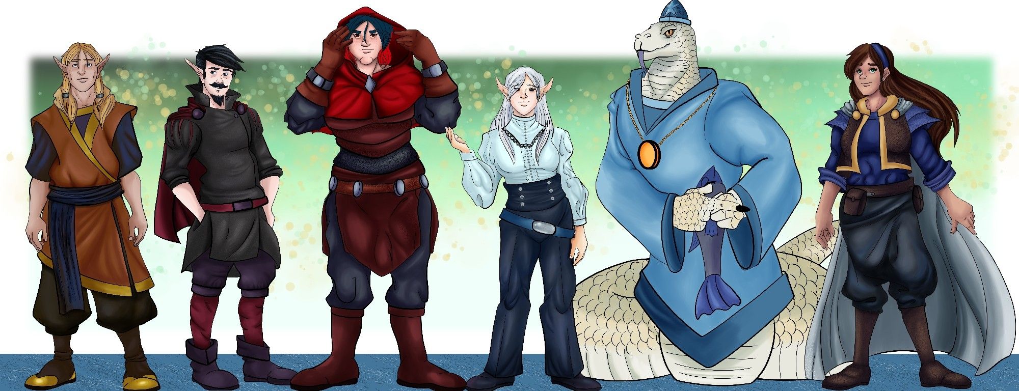 From left to right the characters from King Arthurs Birthday Bash.
Lord Oberon (Monk), Lord Wilbur (Shadow Sorcerer), Lady Mair (Rune Knight, engaged to Lady Nimue), Lady Nimue (Bladesinger Wizard, engaged to Lady Mair), High Priest Israfel (Fiend Sorcerer), Lady Elle (Wild Magic Sorcerer, crowned Queen of Britannia cause her twin brother wanted out)