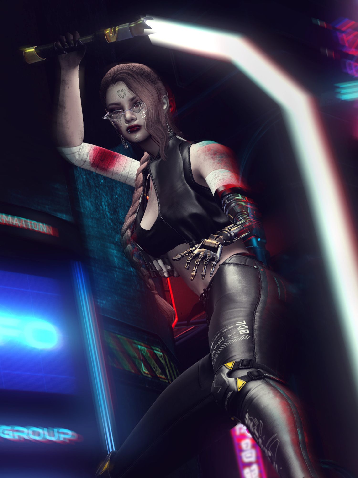 A woman with glasses in a leather attire and bloodied bandages on her arm is holding a laser whip, ready to strike. One of her arm is replaced with low-tech metal prosthetic. On the background bluried neon-signs suggest urban cyberpunk surroundings.