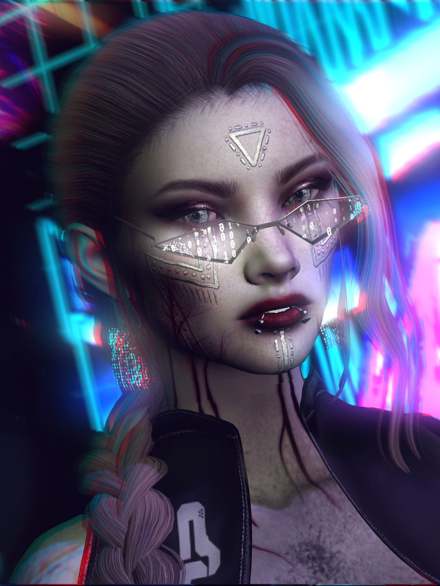 A closeup portrait of the same character. She is pale and wears gothic makeup. Her face has silver dermal implants. Her lips are pierced. Her gary hair is braided. She wears glasses with glowing numbers on their surface.