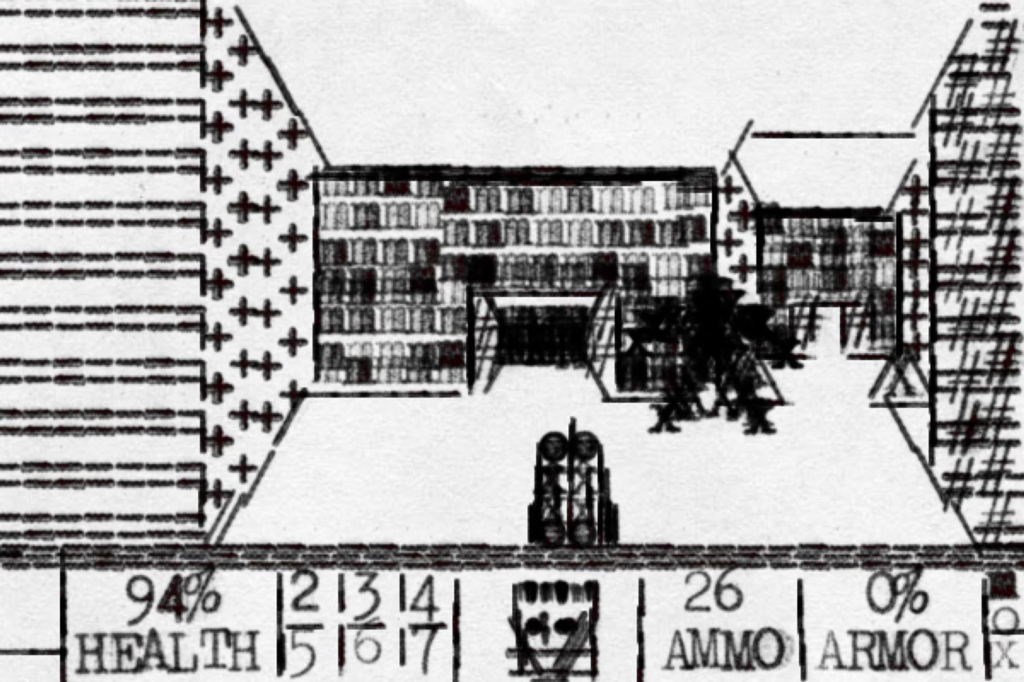 A recreation of a level from the classic FPS video game Doom using letters and punctuation marks from a typewriter