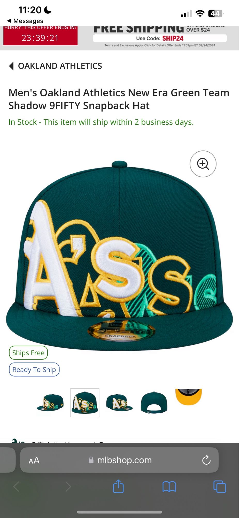 A photo of an Oakland A's hat that has a shadow effect on the logo to make it look like it says Ass