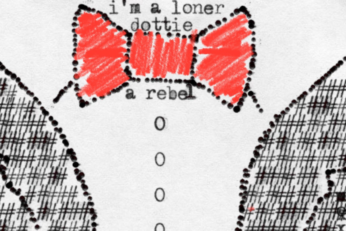 An image of Pee Wee Herman's chest and trademark red bowtie made from overlapping punctuation marks from a typewriter. Caption reads "I'm a loner, Dottie. A rebel"