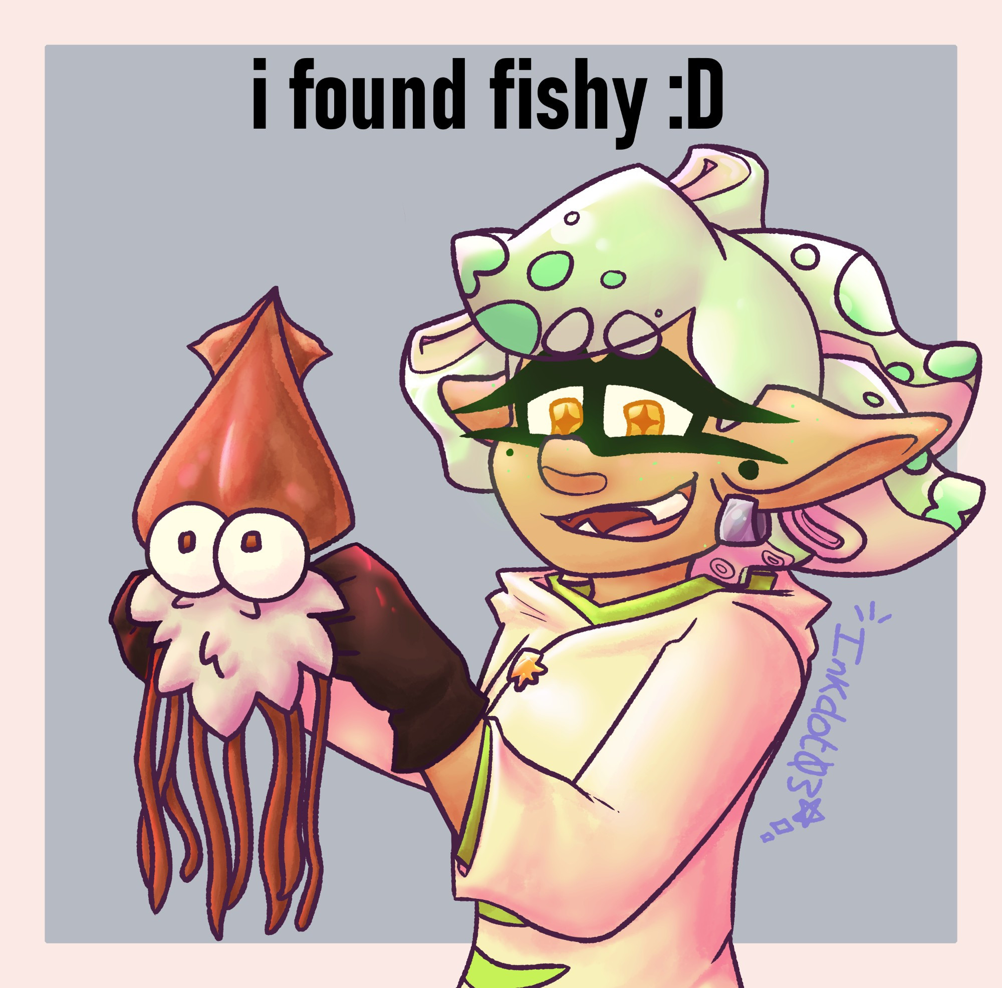 Marie in her alterna outfit holding up dehydrated cuttlefish to show the viewer. She's looking into camera with a smile, text above her reads "I found fishy :D" 