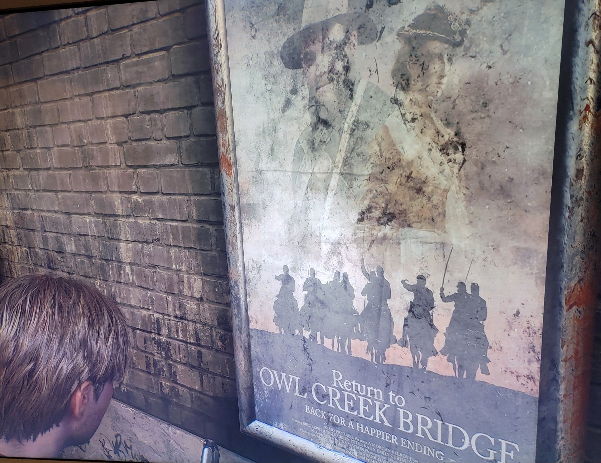 A fake movie poster in Silent Hill 2 Remake for Return to Owl Creek Bridge with the tagline Back for a Happier Ending