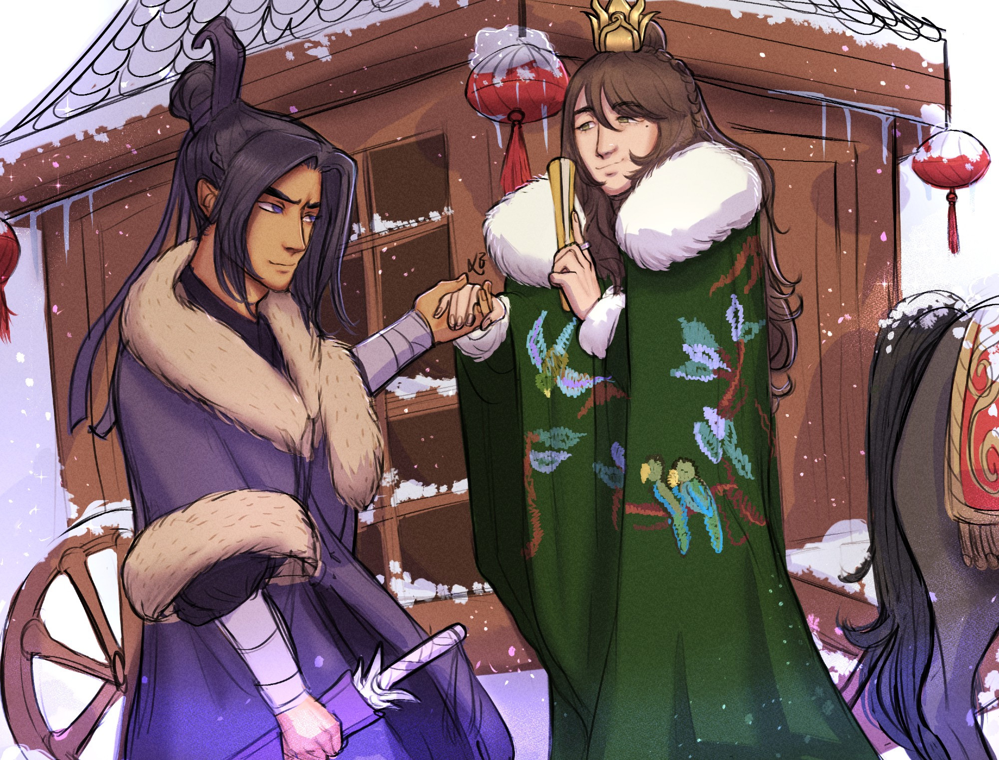 Sangcheng being cute and Beauty and the Beast style while it's snowing. Jiang Cheng holding Nie Huaisang hand, make sure he goes off the carriage on a safety level. Snow, cute horse and lovely snow clothes