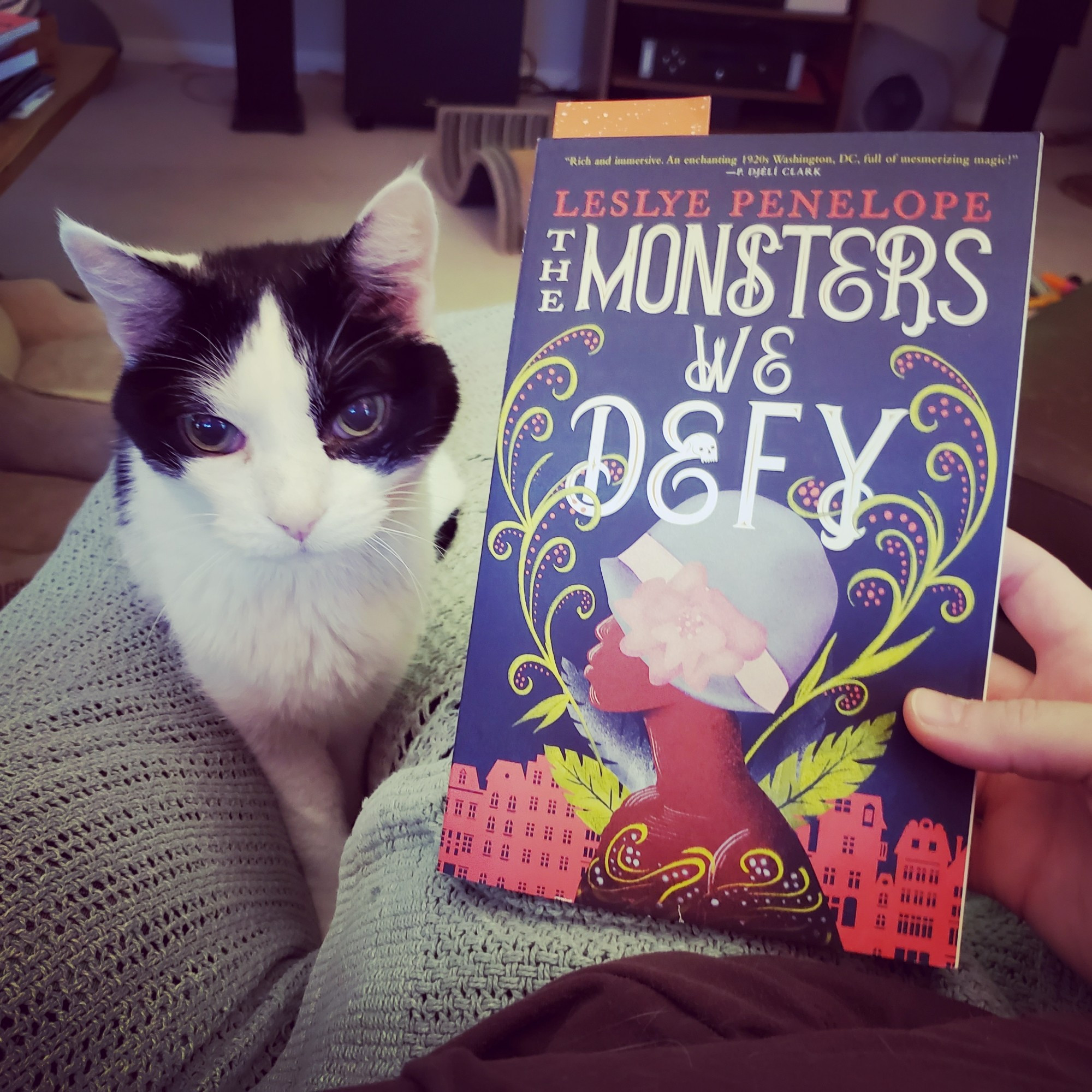 A very handsome black & white cat indeed watches as his human shows the book cover of The Monsters We Defy