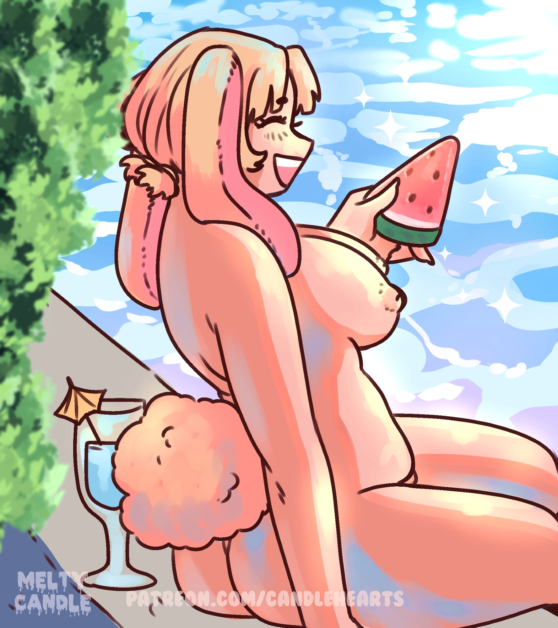 a nude, strawberry blonde chubby bunny girl sitting poolside with a slice of watermelon