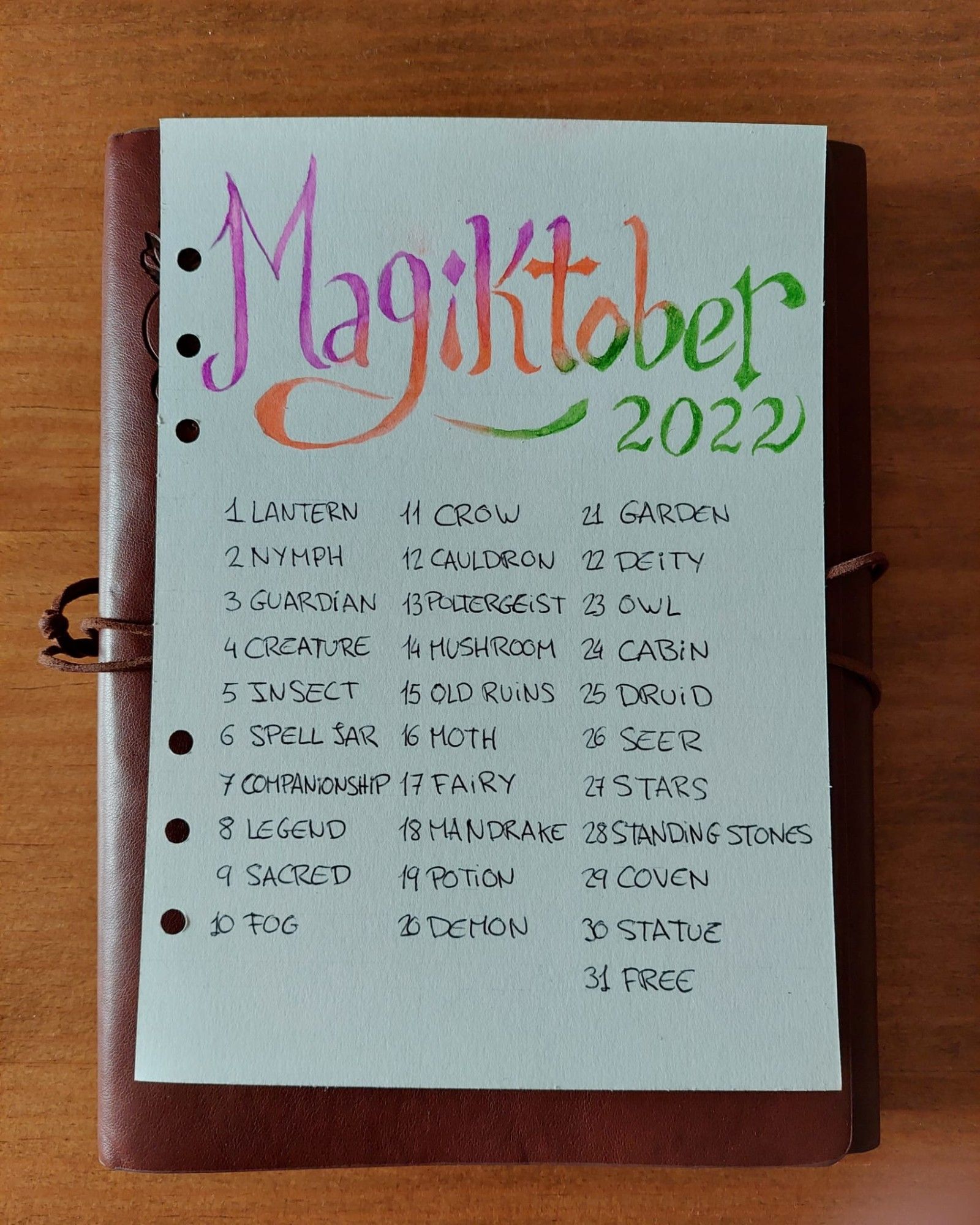 Lista de mi tintubre 2022-2023. Se titula Magiktober. Los promtps a partir del trece son:
13. Poltergeist
14. Mushroom
15. Old Ruins
16. Moth
17. Fairy
18. Madrake
19. Potion
20. Demon
21. Garden
22. Deity
23. Owl
24. Cabin
25. Druid
26. Seer
27. Stars
28. Standing Stones
29. Coven
30. Statue
31. Free