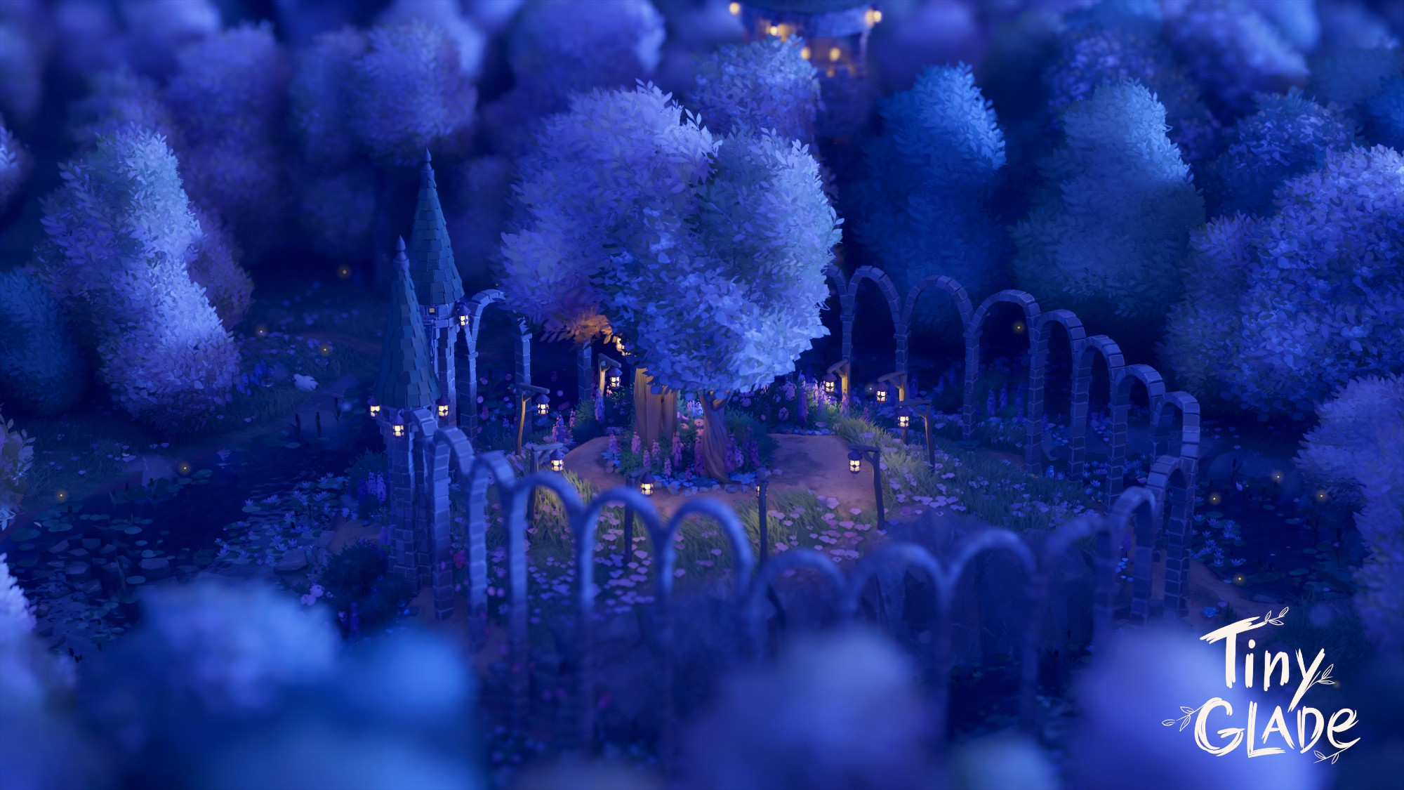 Captura de pantalla de mi respuesta al prompt "Druid's grove" en el juego Tiny Glade. Se trata de una isla en un lado del bosque, rodeada por arcos de pierda. En el interior del círculo de arcos hay un gran árbol iluminado por luz dorada.