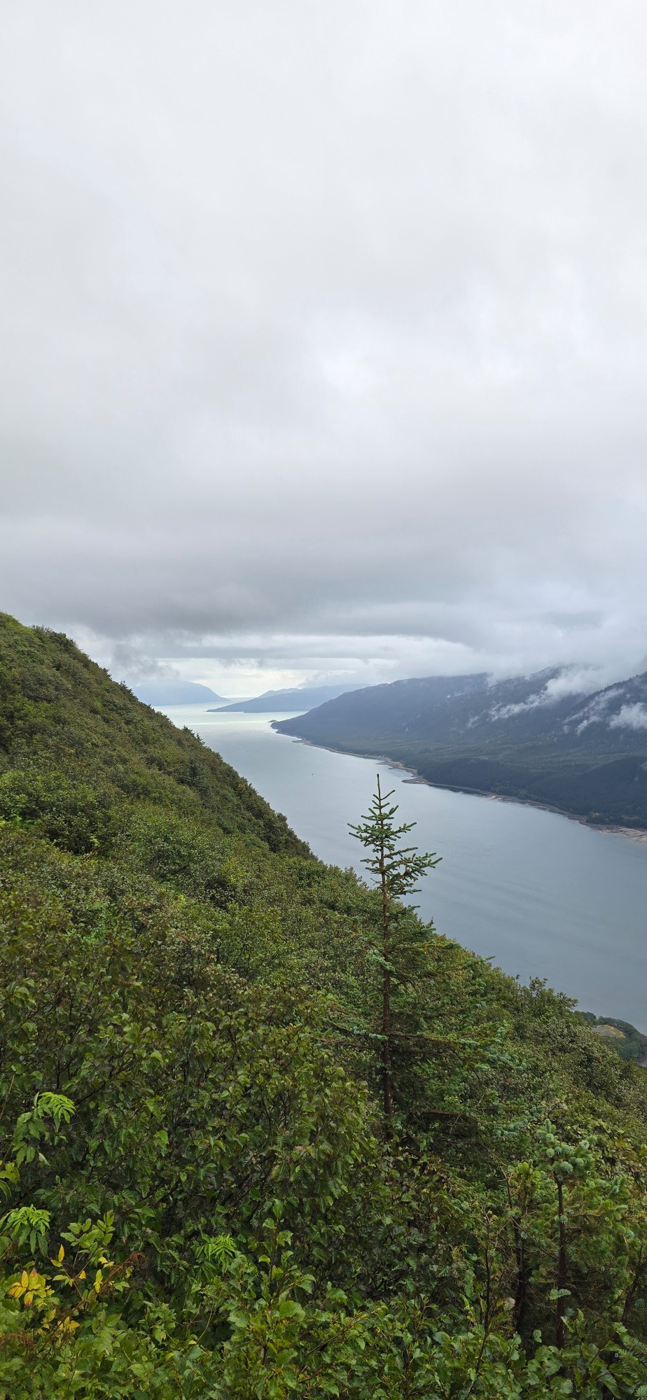 Cloudy skies, lush mountains rolling down to calm water