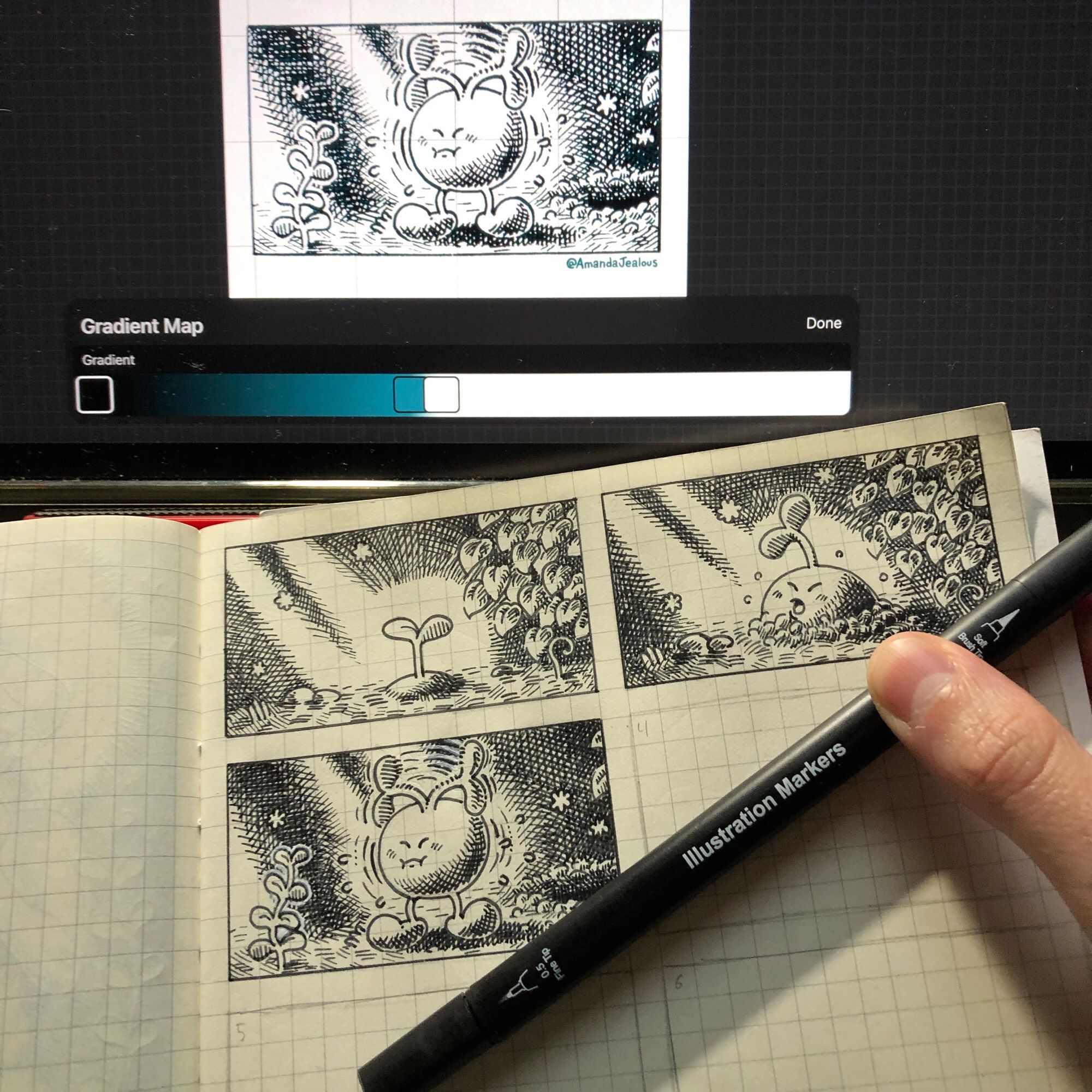 Photo of sketchbook and pen used for Comictober with Procreate gradient map settings also in the image.