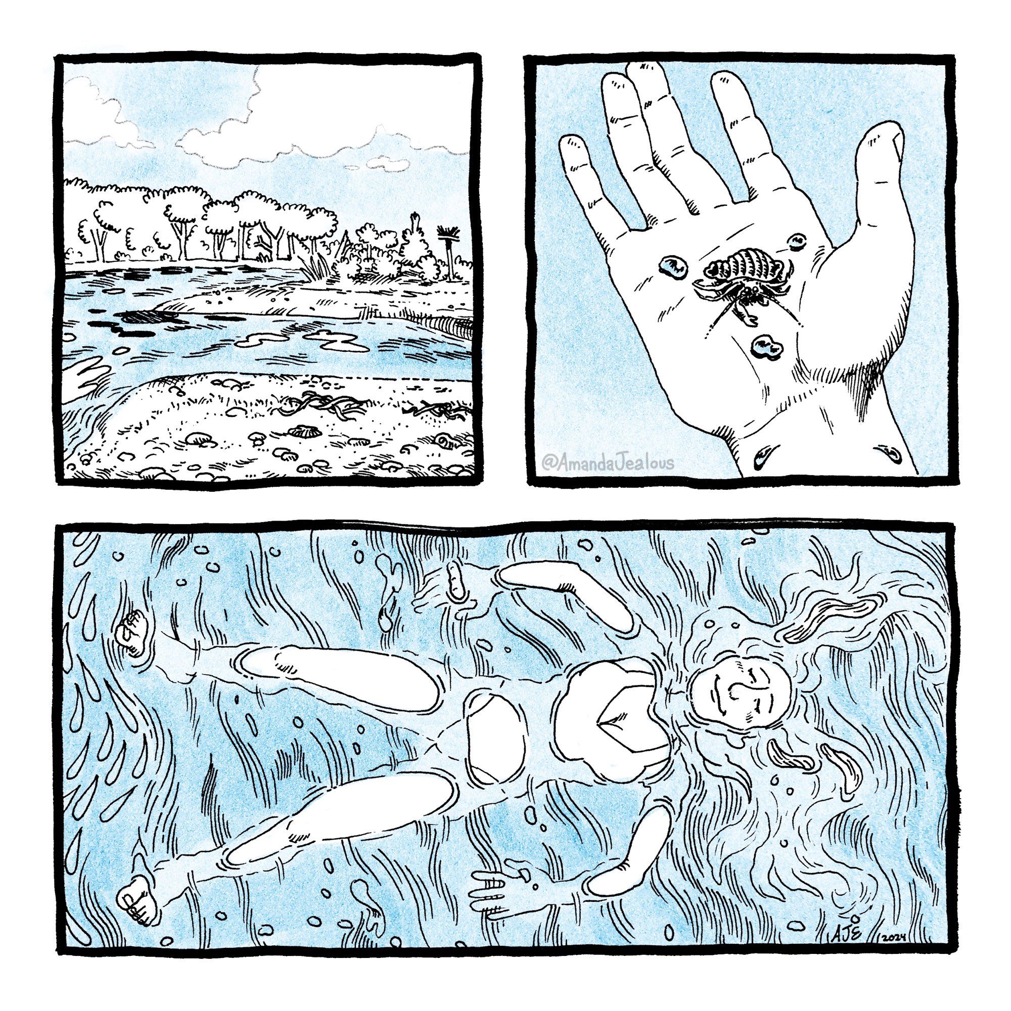 3 panel, single page mini comic. There are 2 square panels side by side on top of one long rectangular panel. In the first panel we see an establishing shot of beach inlet. The second panel shows a hand, slightly wet, holding a small hermit crab. The final panel, the long horizontal one, shows a feminine person floating in the water. The POV of the person is from above. You can see that some portions of her body peek out of the water. The current, a school of fish, and some small pieces of seaweed are flowing under and around her. She has a peaceful look on her face, eyes closed. The line art is black. Portions are colored in blue, like the sky and the water. The rest is white.