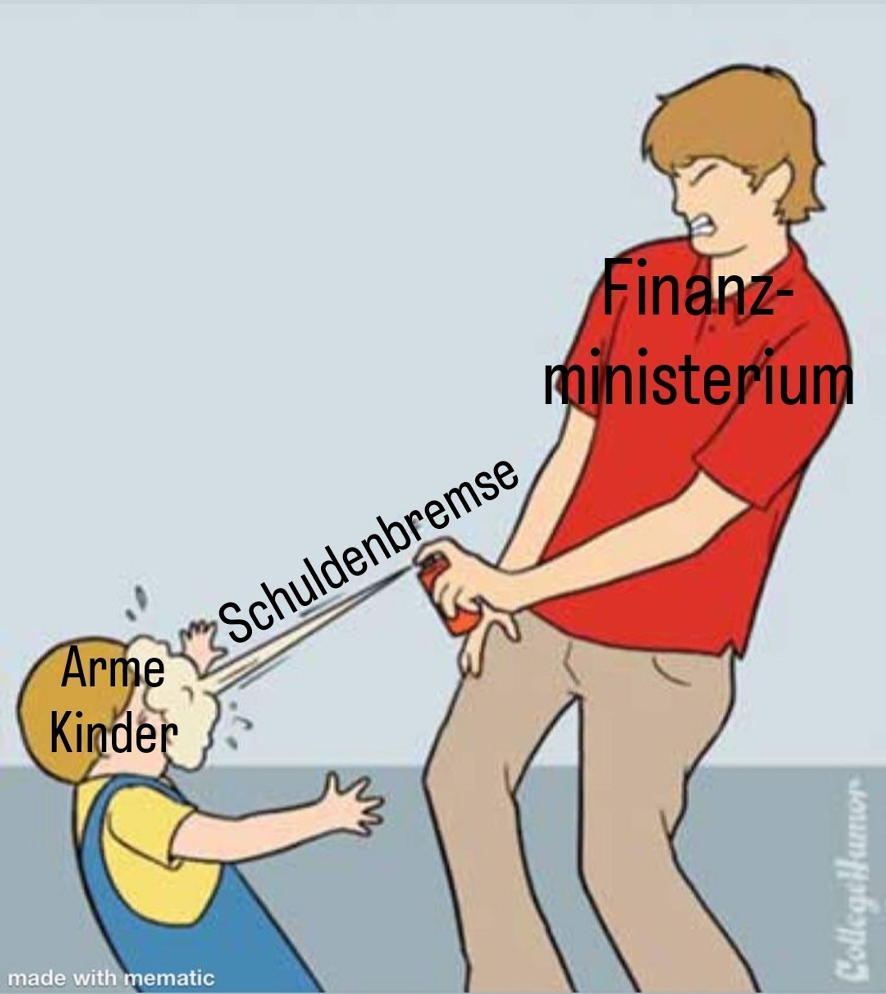 Zeichnung bei der eine Figur mit dem Schriftzug "Finanzministerium" ein Kind mit dem Schriftzug "Arme Kinder" pfeffersprayt. Der Strahl des Pfeffersprays ist mit "Schuldenbremse" überschrieben.