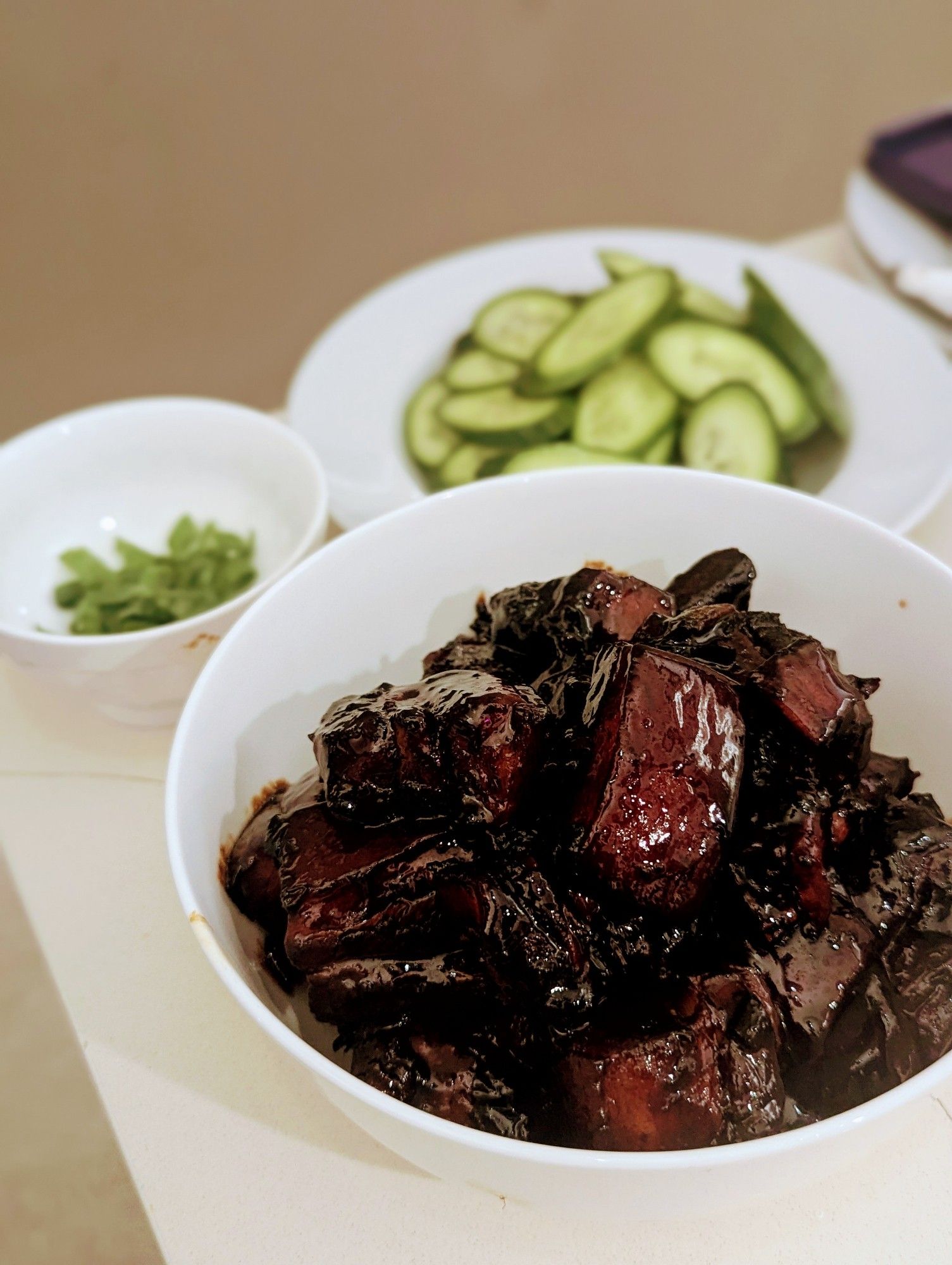 Red braised pork belly in a sticky sauce of soy sauce and shaoxing, flavoured with ginger, shallot and star anise.

It was fucking delicious.