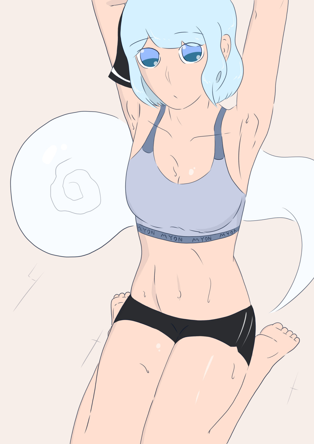 Youmu stretching in a sports bra and shorts