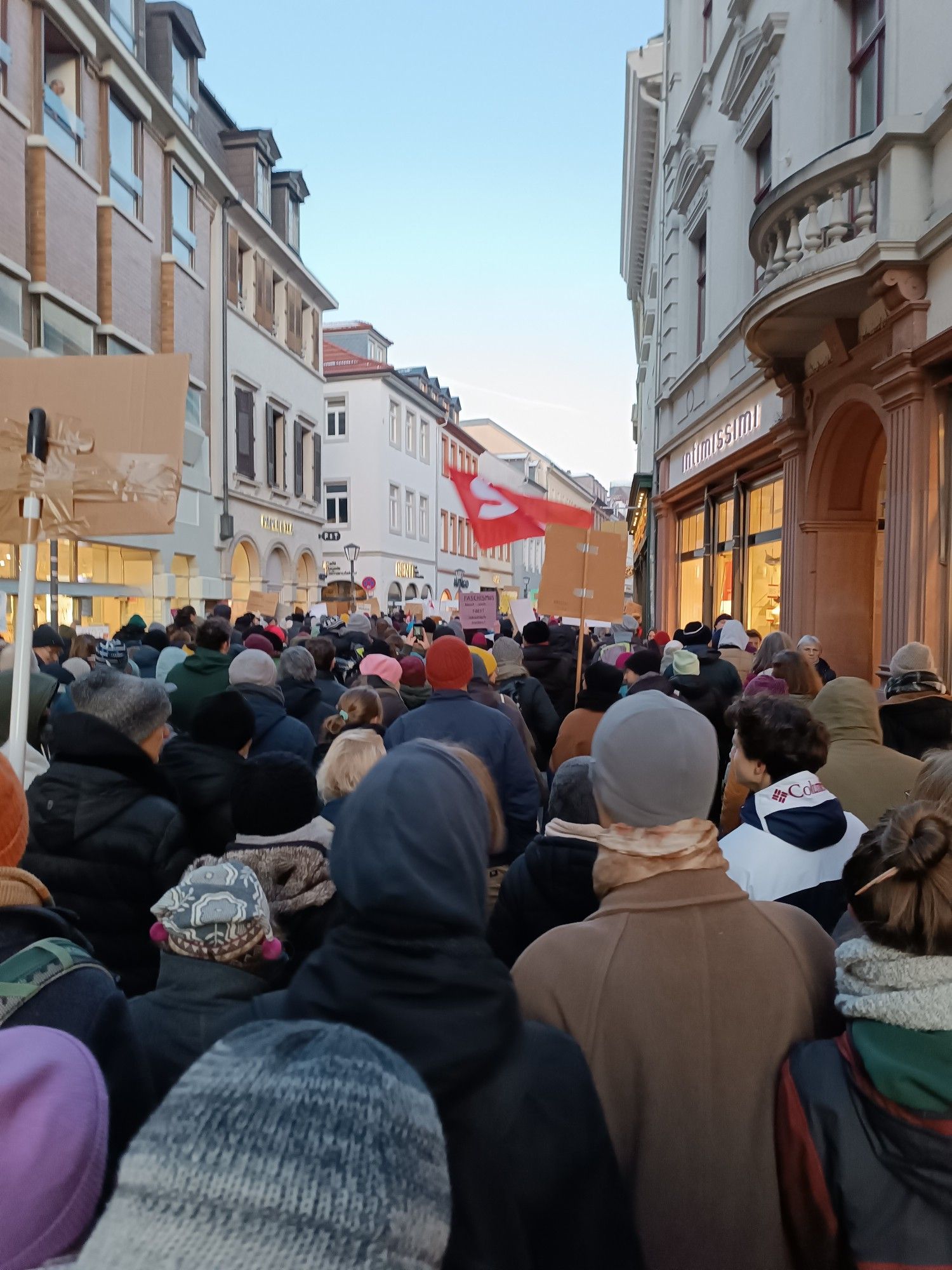 Der Demonstrationszug von hinten fotografiert zwischen den Häuserwänden der Fußgängerzone.