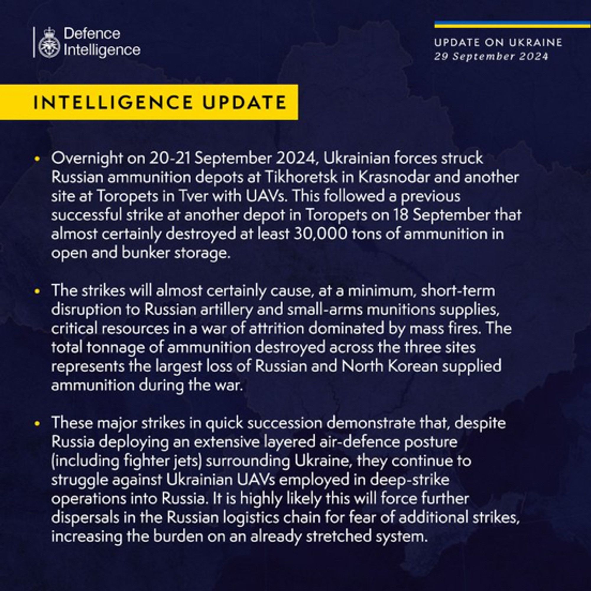 Overnight on 20-21 September 2024, Ukrainian forces struck Russian ammunition depots at Tikhoretsk in Krasnodar and another site at Toropets in Tver with UAVs. This followed a previous successful strike at another depot in Toropets on 18 September that almost certainly destroyed at least 30,000 tons of ammunition in open and bunker storage.

The strikes will almost certainly cause, at a minimum, short-term disruption to Russian artillery and small-arms munitions supplies, critical resources in a war of attrition dominated by mass fires. The total tonnage of ammunition destroyed across the three sites represents the largest loss of Russian and North Korean supplied ammunition during the war.

These major strikes in quick succession demonstrate that, despite Russia deploying an extensive layered air-defence posture (including fighter jets) surrounding Ukraine, they continue to struggle against Ukrainian UAVs employed in deep-strike operations into Russia.