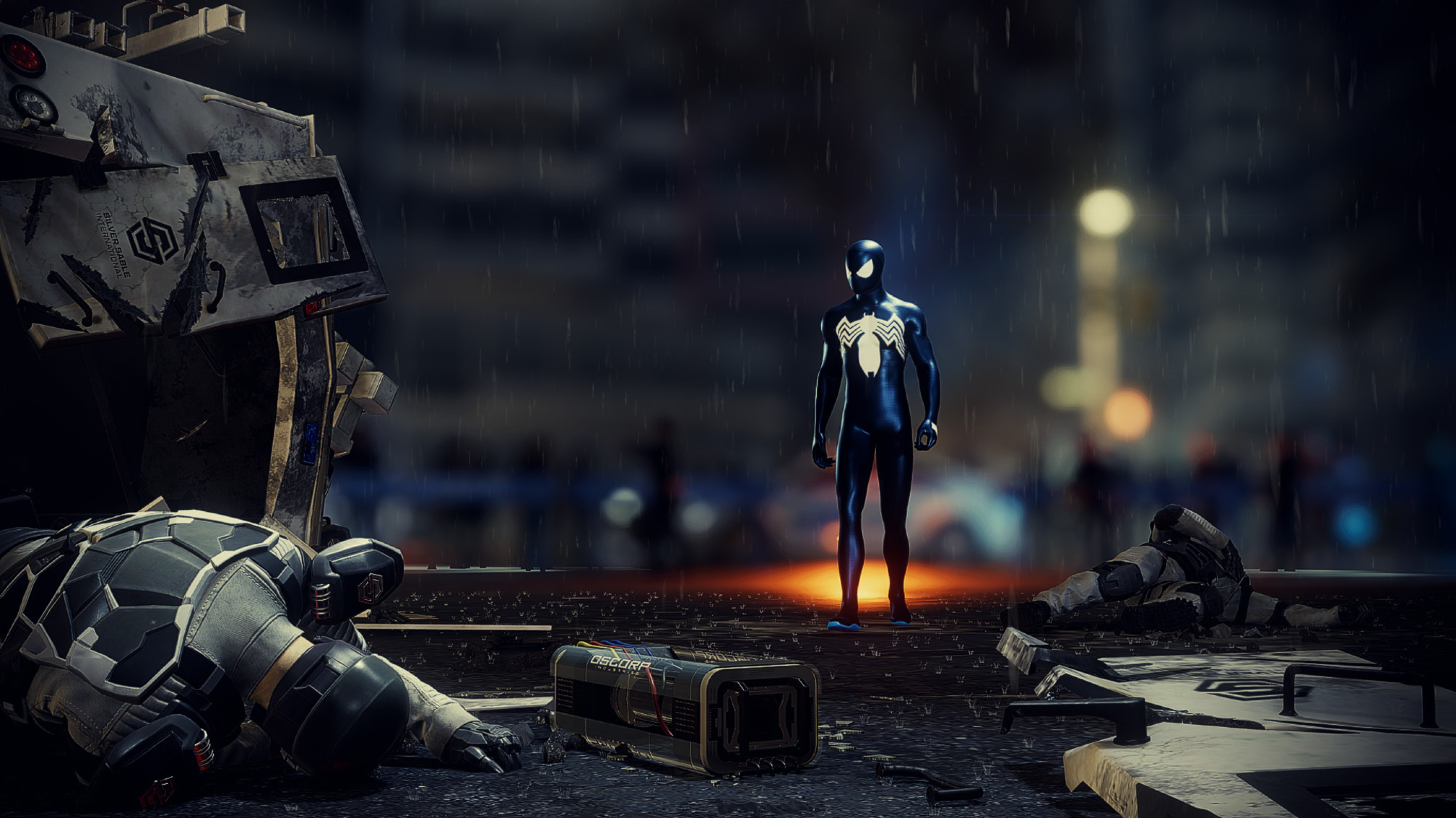 Photo of Spider-Man wearing a modded black suit at a crime scene in Insomniac's Spider-Man game for the Playstation 4, played on Steam.