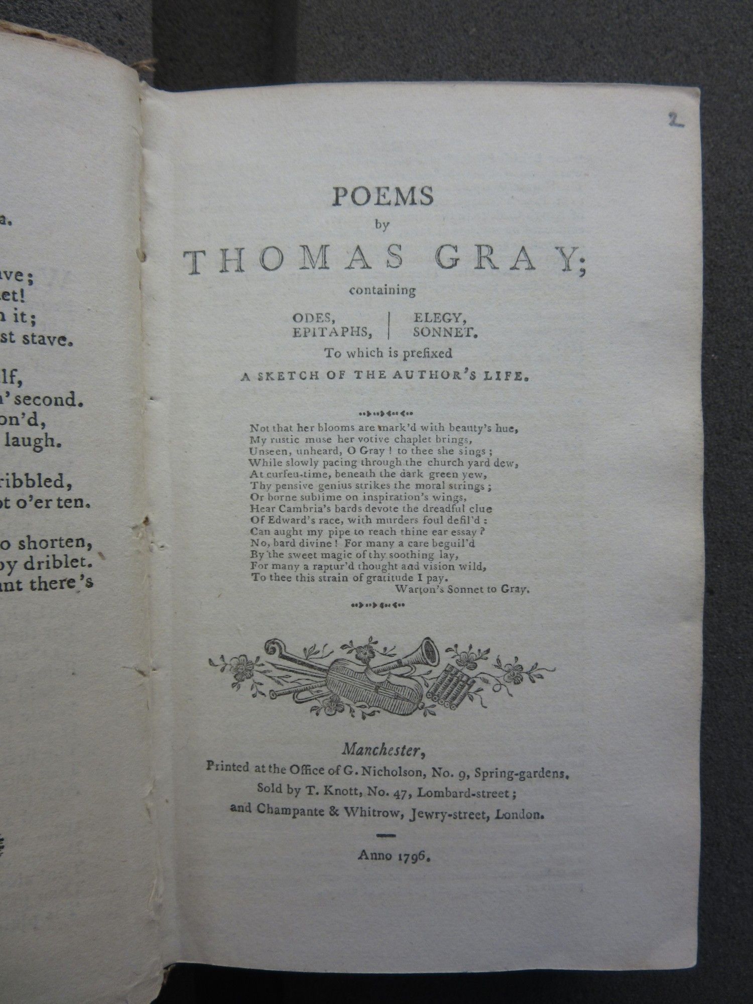 Title page of Poems by Thomas Gray; ... Manchester: G. Nicholson, 1796 / Northup 206, ESTC T173278