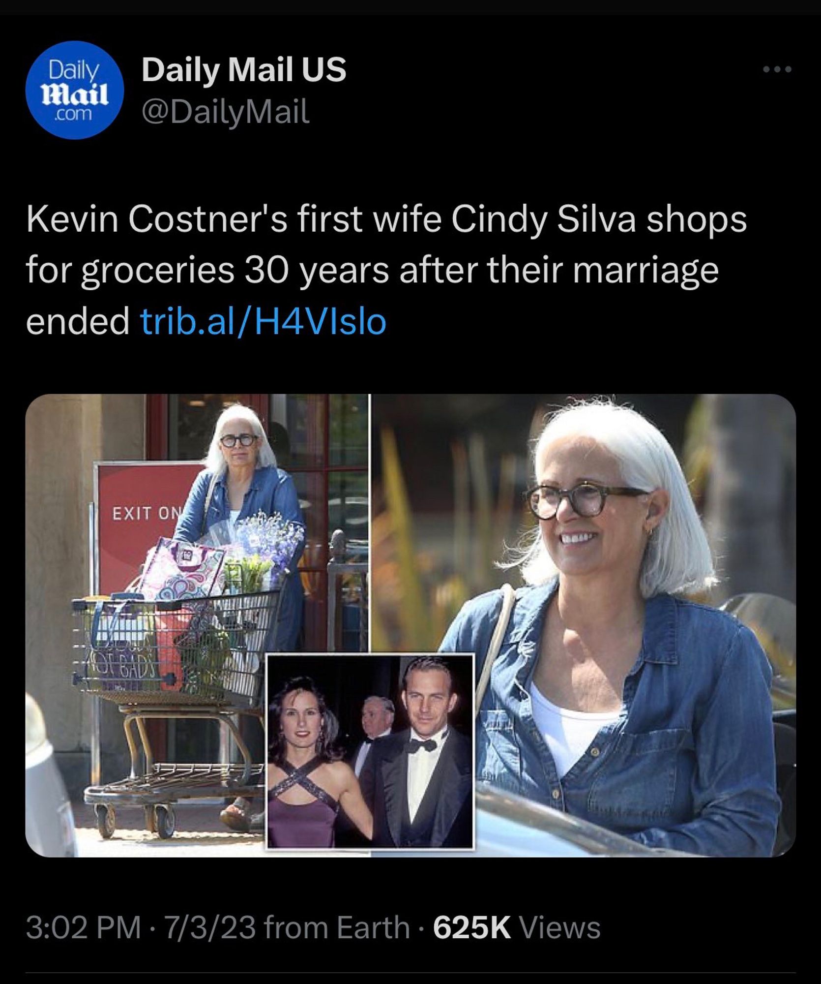 dumb daily mail headline: “Kevin Costner's first wife Cindy Silva shops for groceries 30 years after their marriage ended”