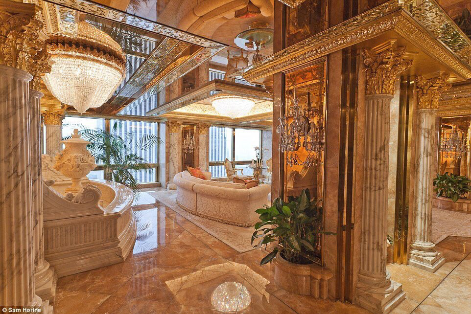 trump’s trashy gold NYC penthouse. the only way to describe it is louis xvi would be all “christ tone it down” 
