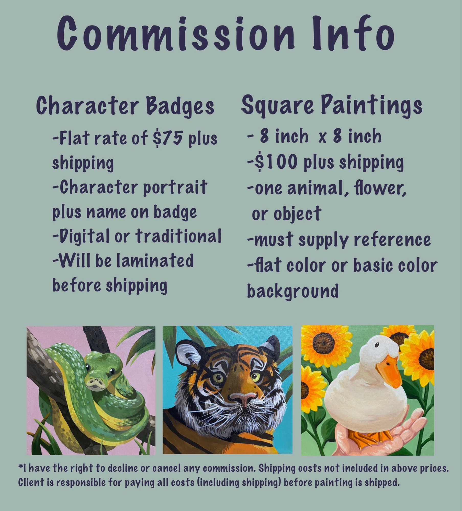 Commission info for character badges and paintings