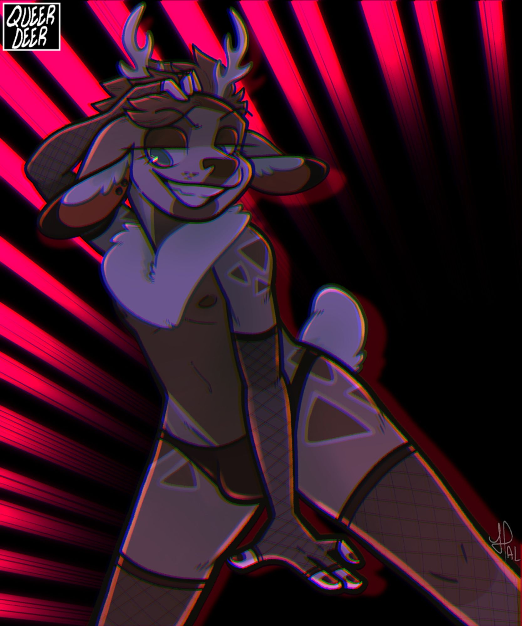 NSFW digital illustration of my deer/rabbit hybrid character Birch (they/he/she) prancing around in nothing but fishnet thigh highs and a black thong like a lil freak or whatever, soft shaded on a black and fluorescent red background

(🏳️‍🌈🦌🎨)